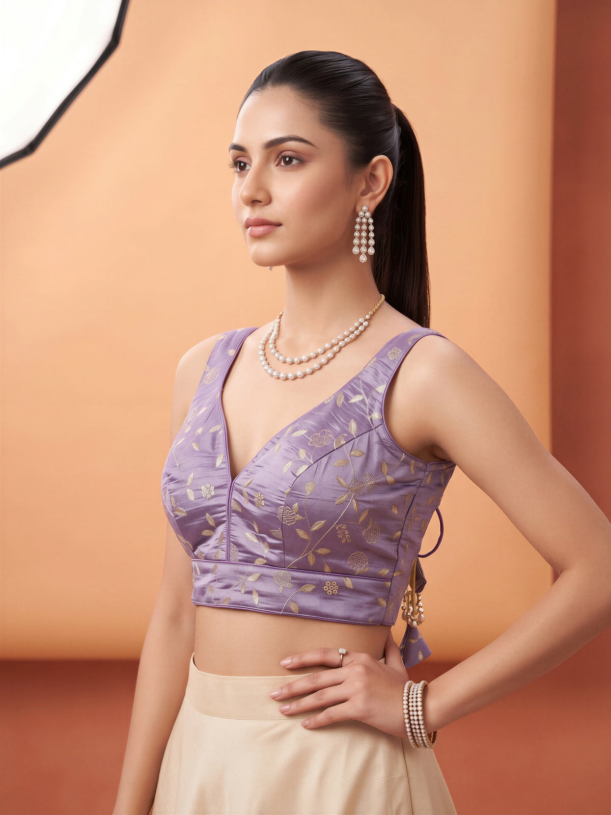 Lavender sequin embellished silk blend sleeveless readymade saree blouse with v neck view 3