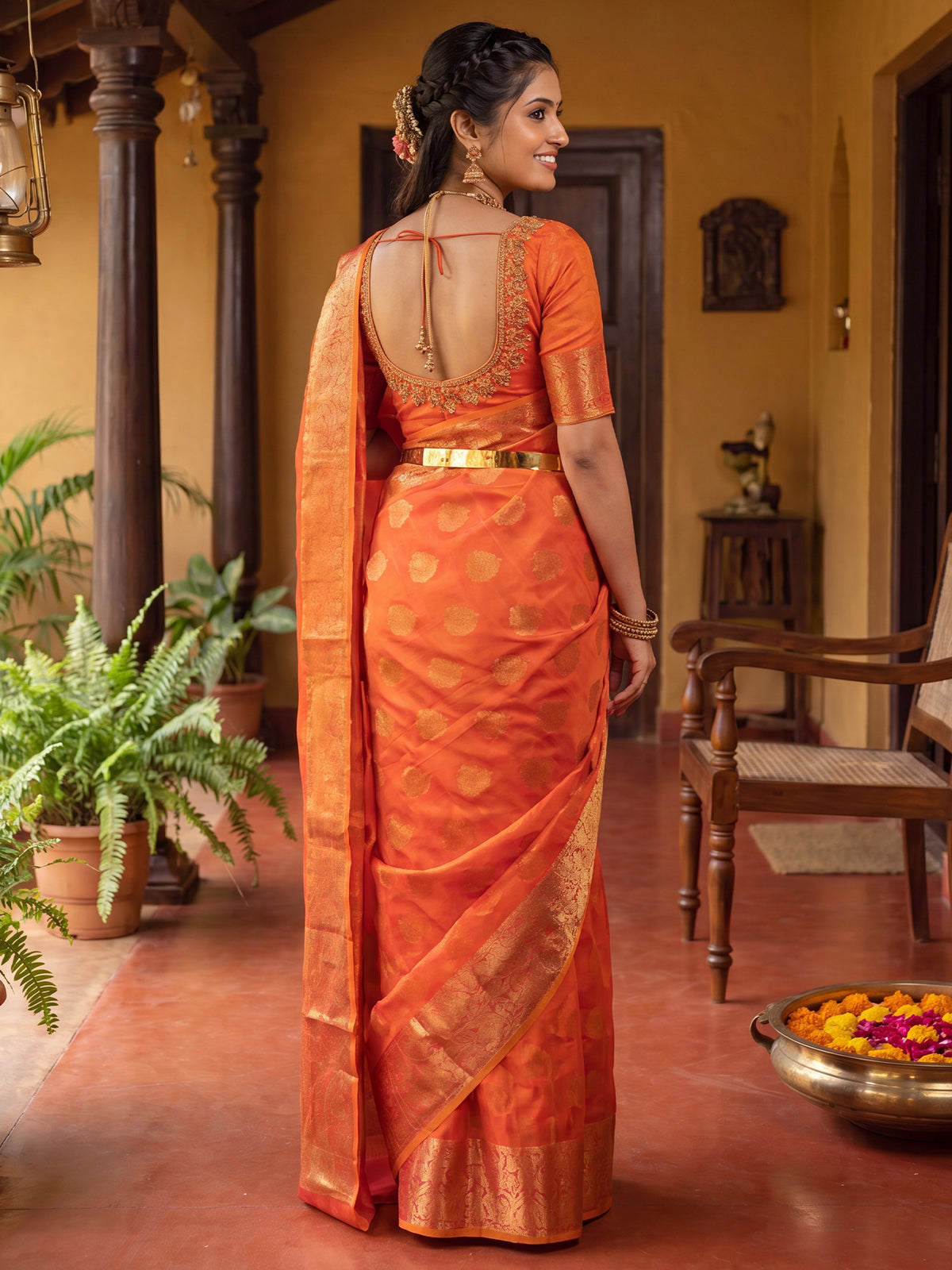 Orange Silk Blend saree – detail view 1