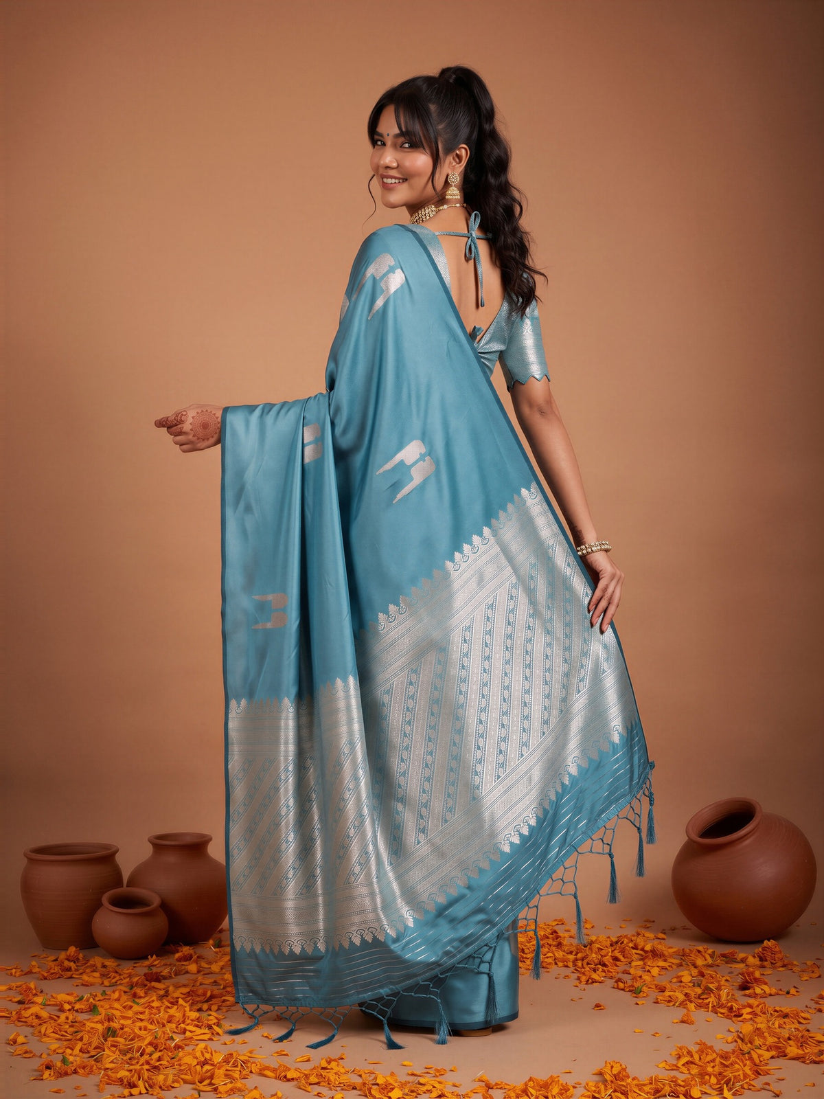Light Blue Satin saree – detail view 1