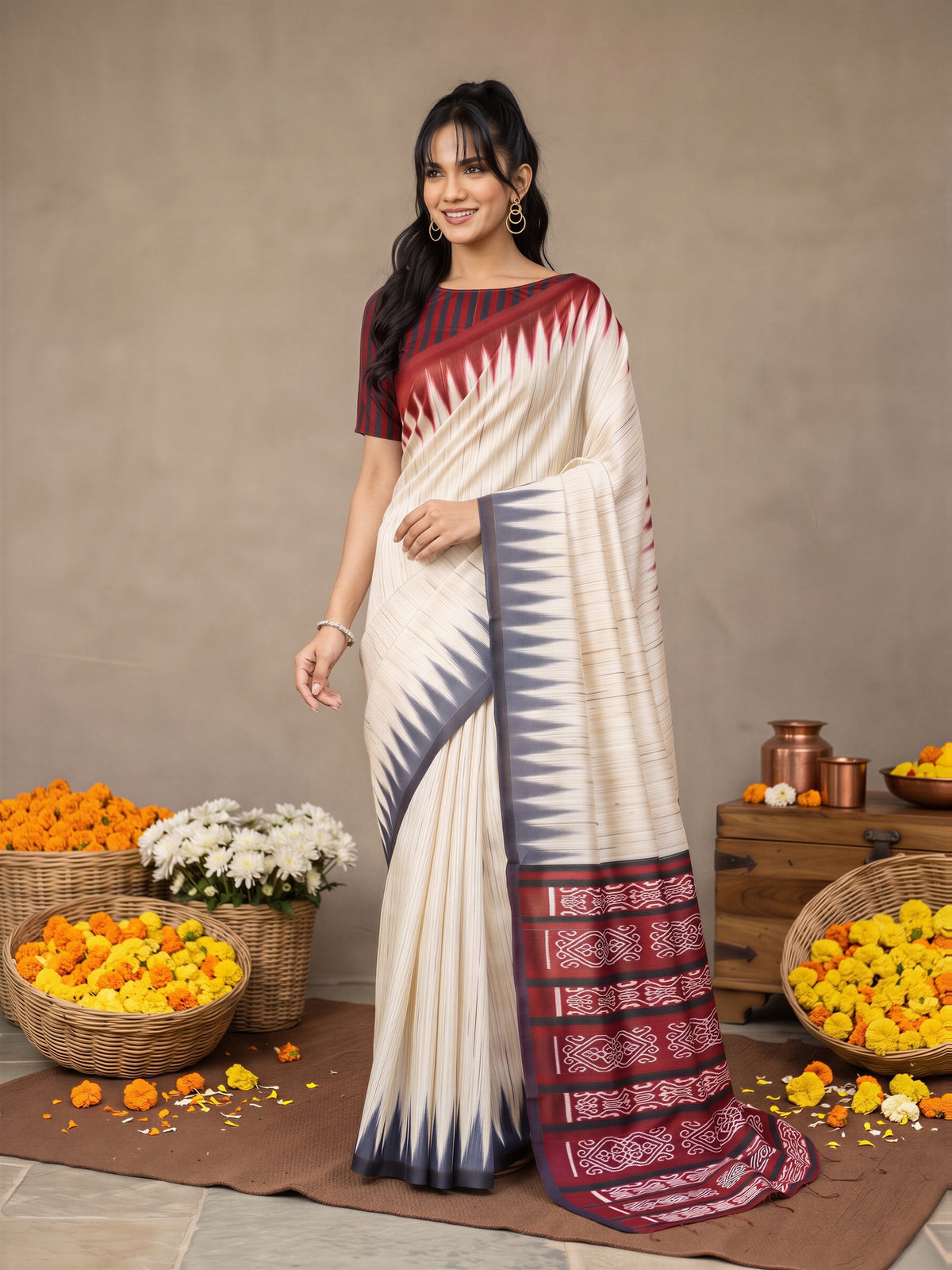 Beige Bhagalpuri Silk saree – detail view 3