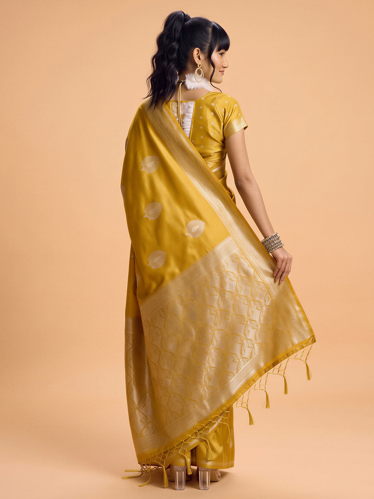 Mustard Satin Silk saree – detail view 1