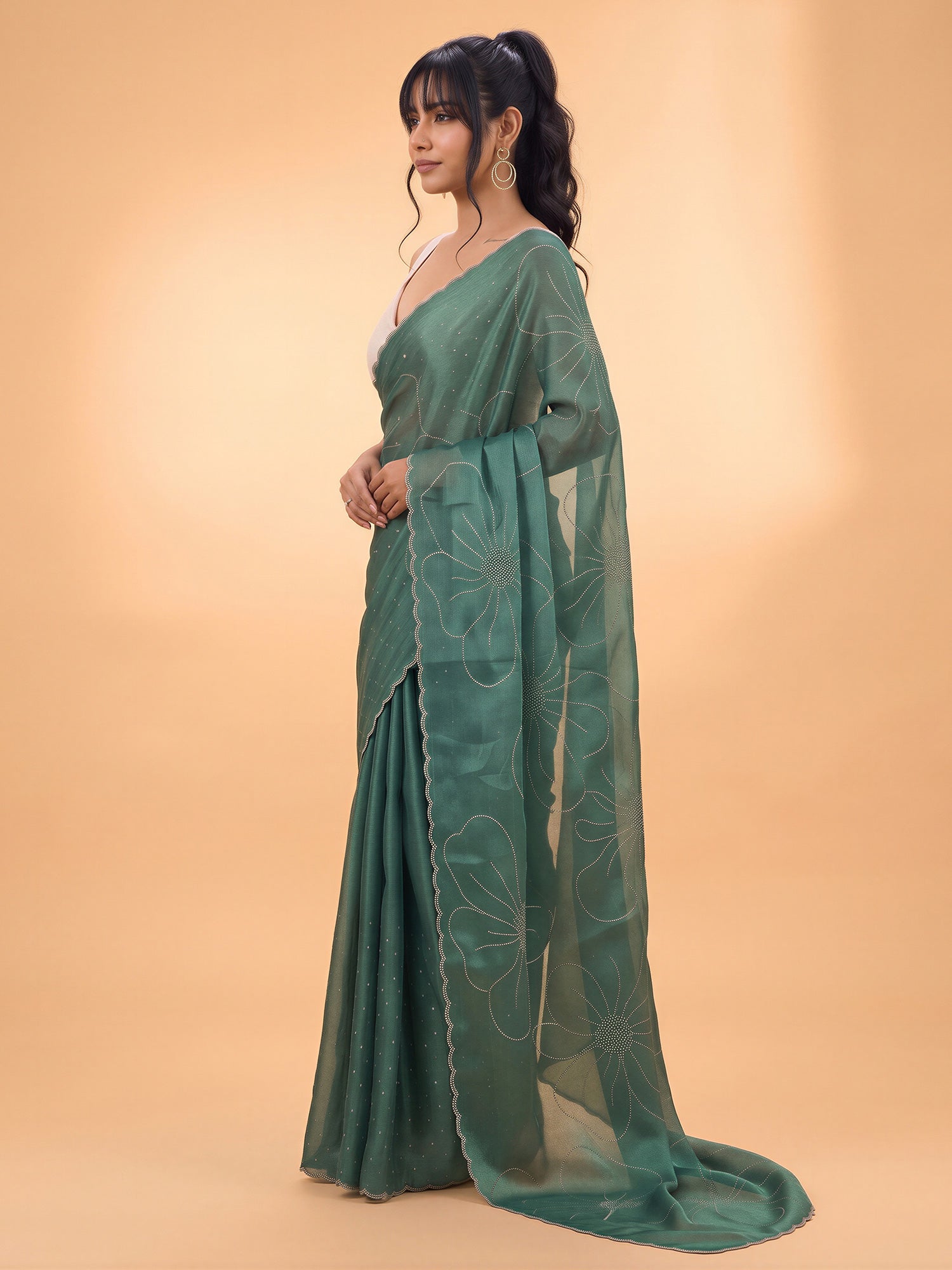 Teal Green Satin Silk saree – detail view 2
