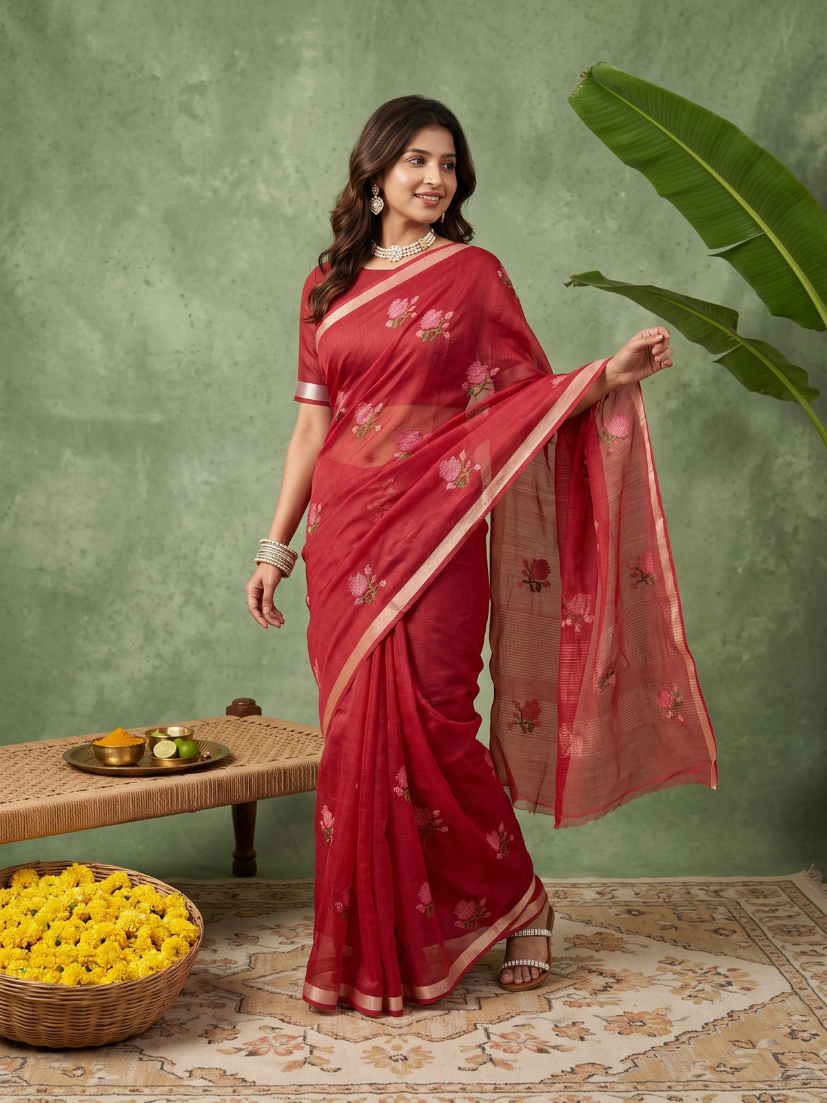Red Kota Doria Cotton saree – detail view 3