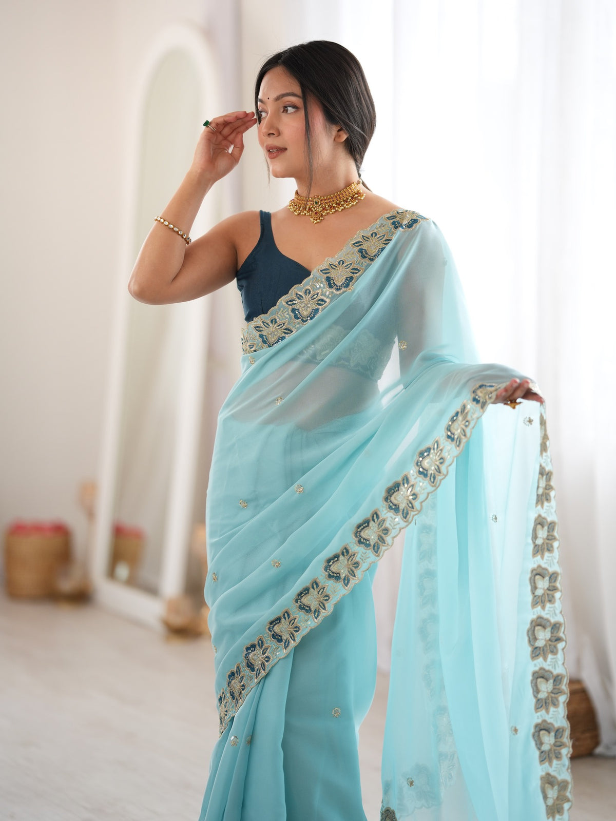 Light Blue Georgette saree – detail view 3