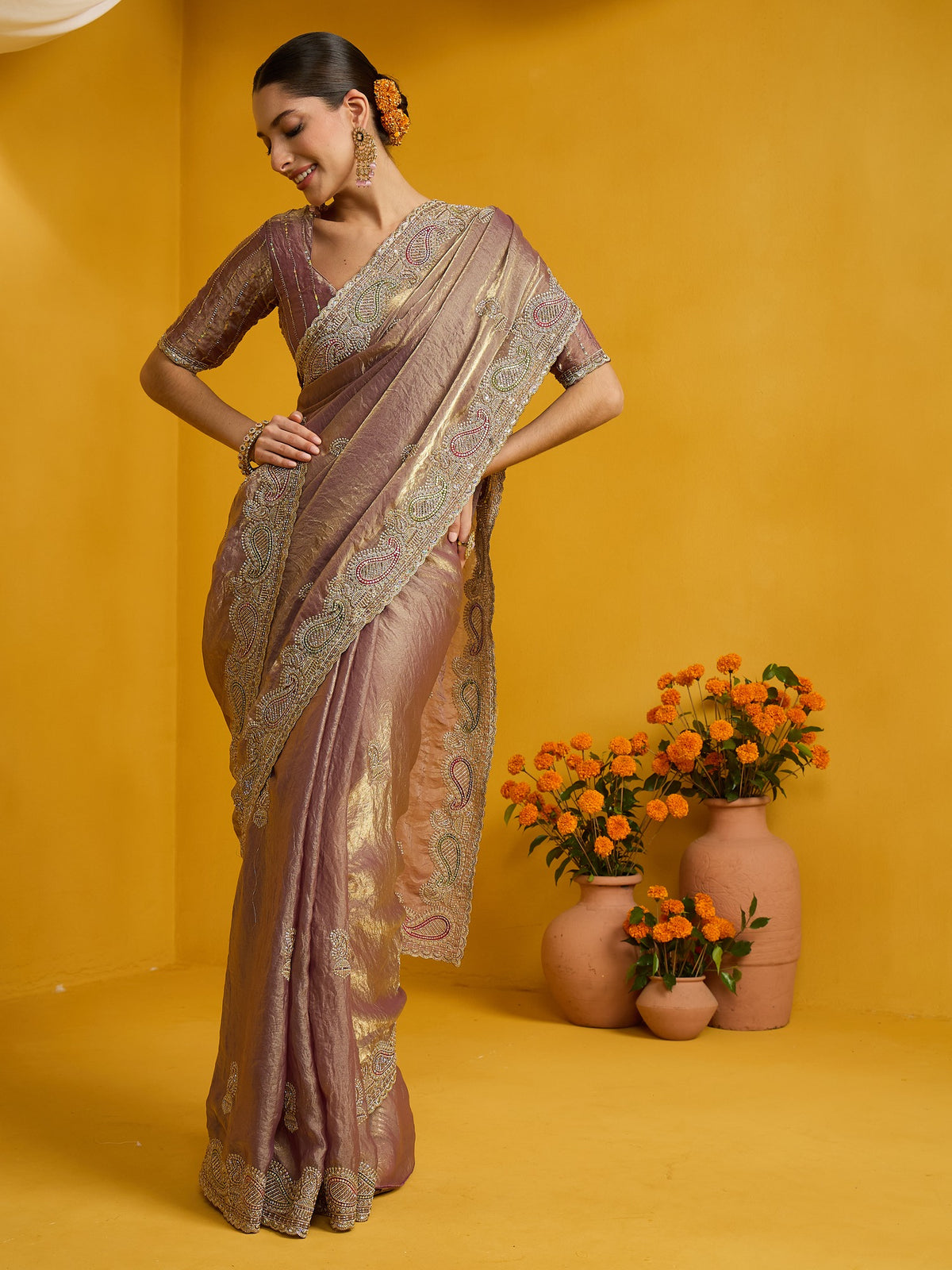 Rose Gold Satin Silk saree – detail view 2