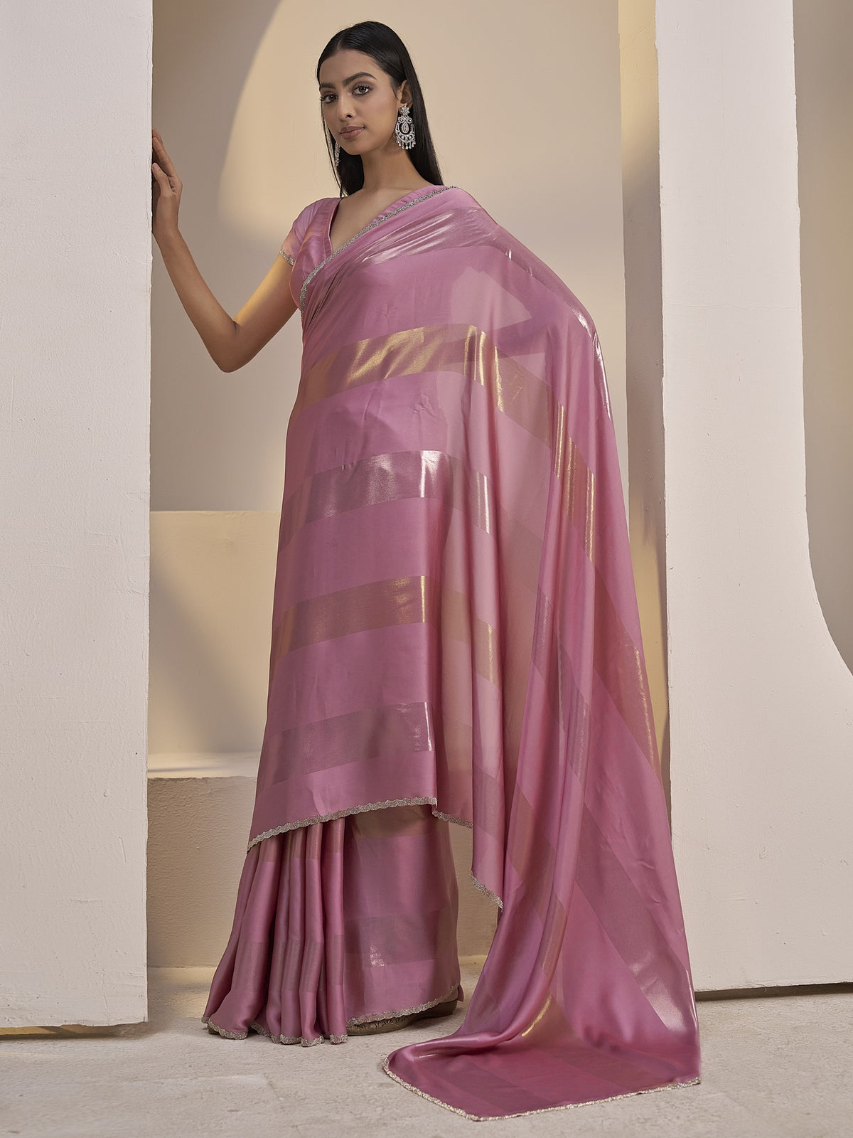 Lavender satin silk saree view 2
