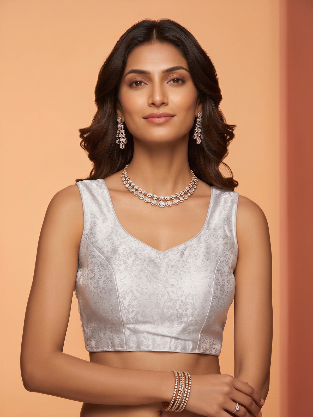 White woven brocade silk blend sleeveless readymade saree blouse with sweetheart neck view 3