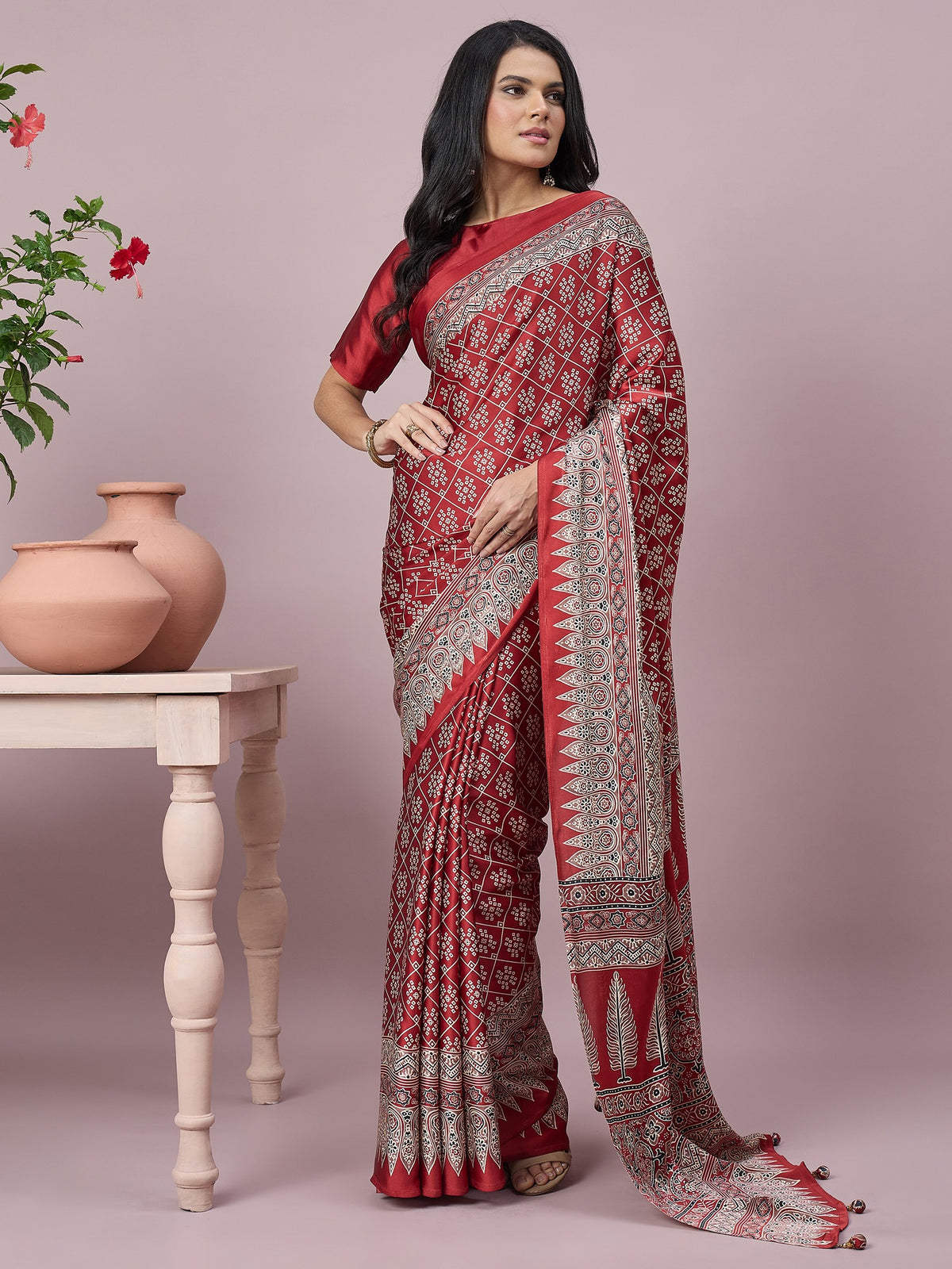 Maroon ajrak satin saree with maroon blouse piece
