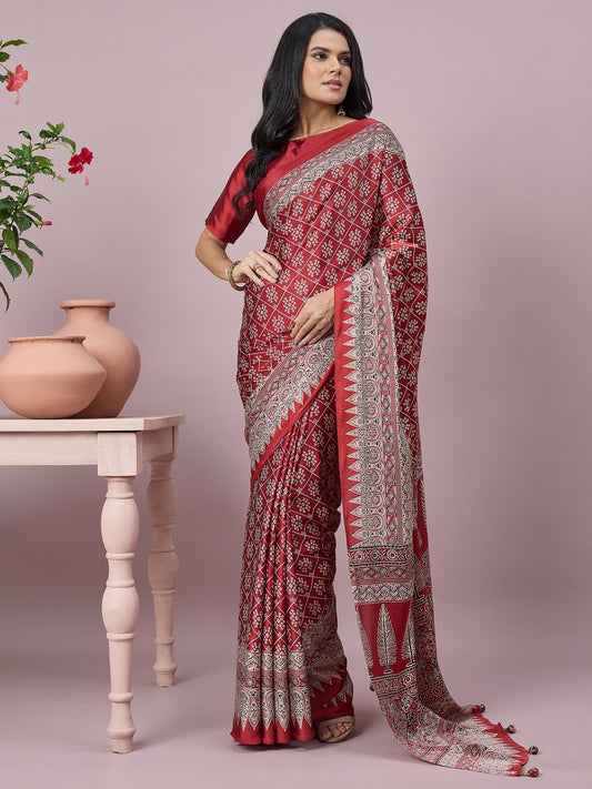 Maroon ajrak satin saree with maroon blouse piece