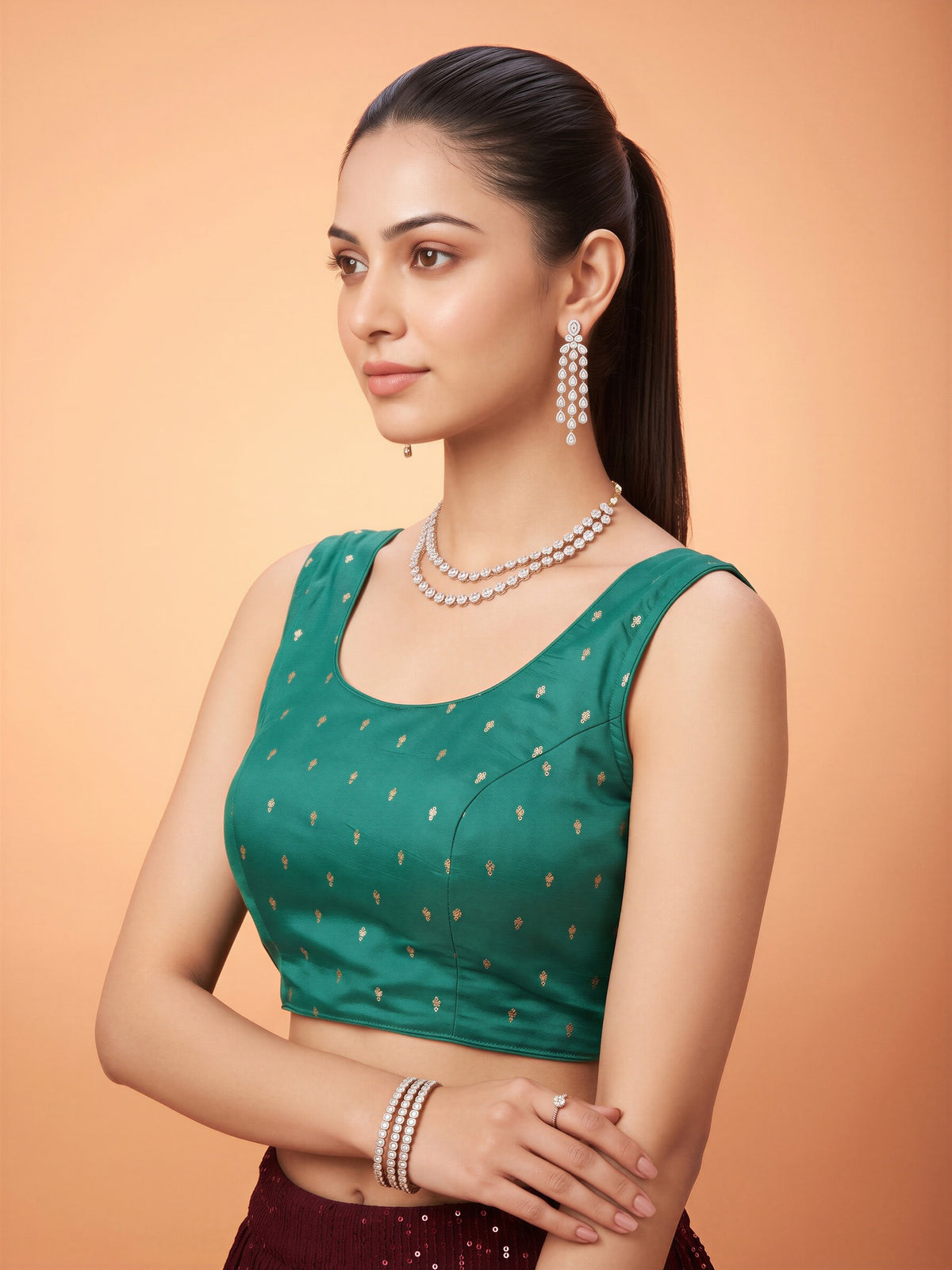 Teal Blue sequin embellished silk blend sleeveless readymade saree blouse with round neck view 2