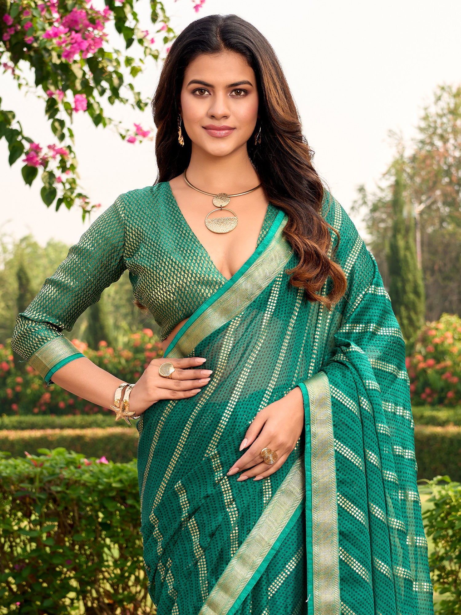 Green Chiffon saree – detail view 4