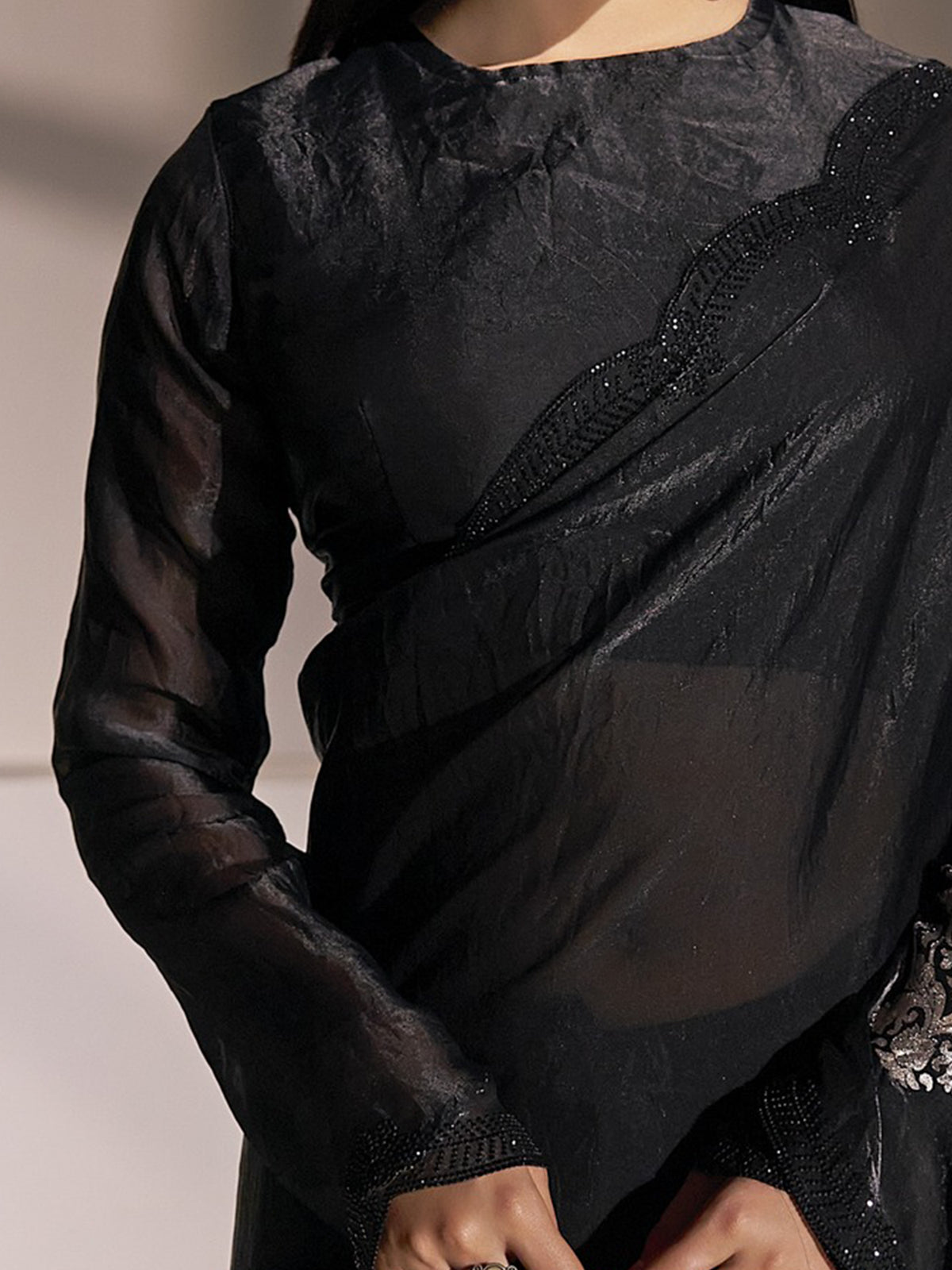 Unstitched black satin silk blouse piece with solid design