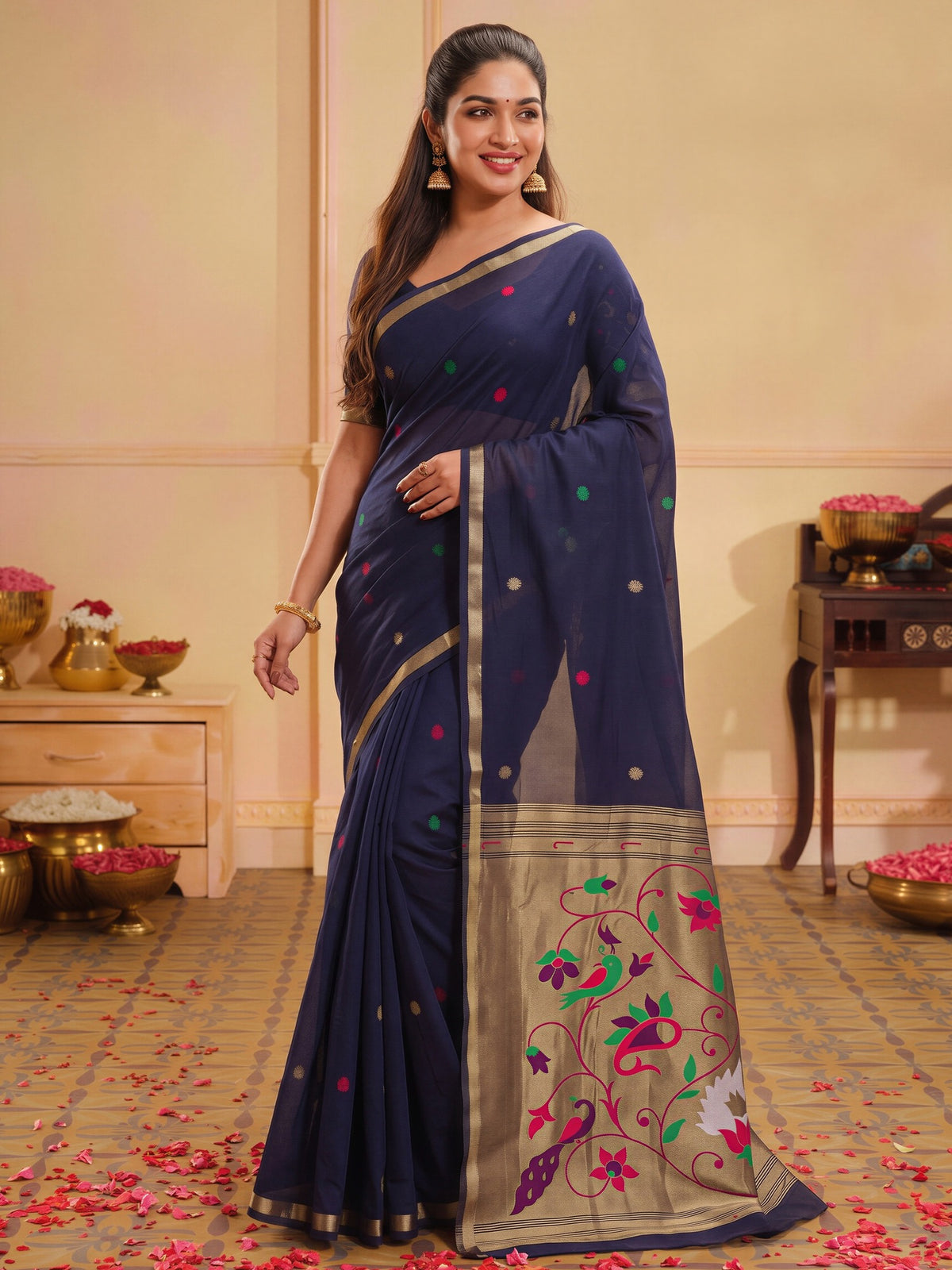 Navy Blue zari butta silk blend saree with navy blue blouse piece