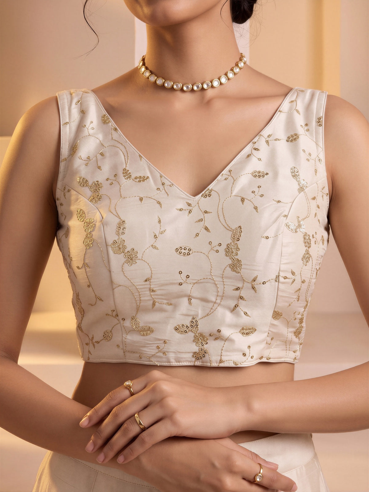 Off White sequin embroidered vichitra silk sleeveless readymade saree blouse with v neck view 4