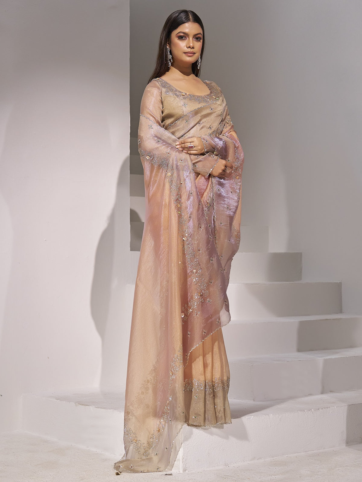 Peach organza saree view 2