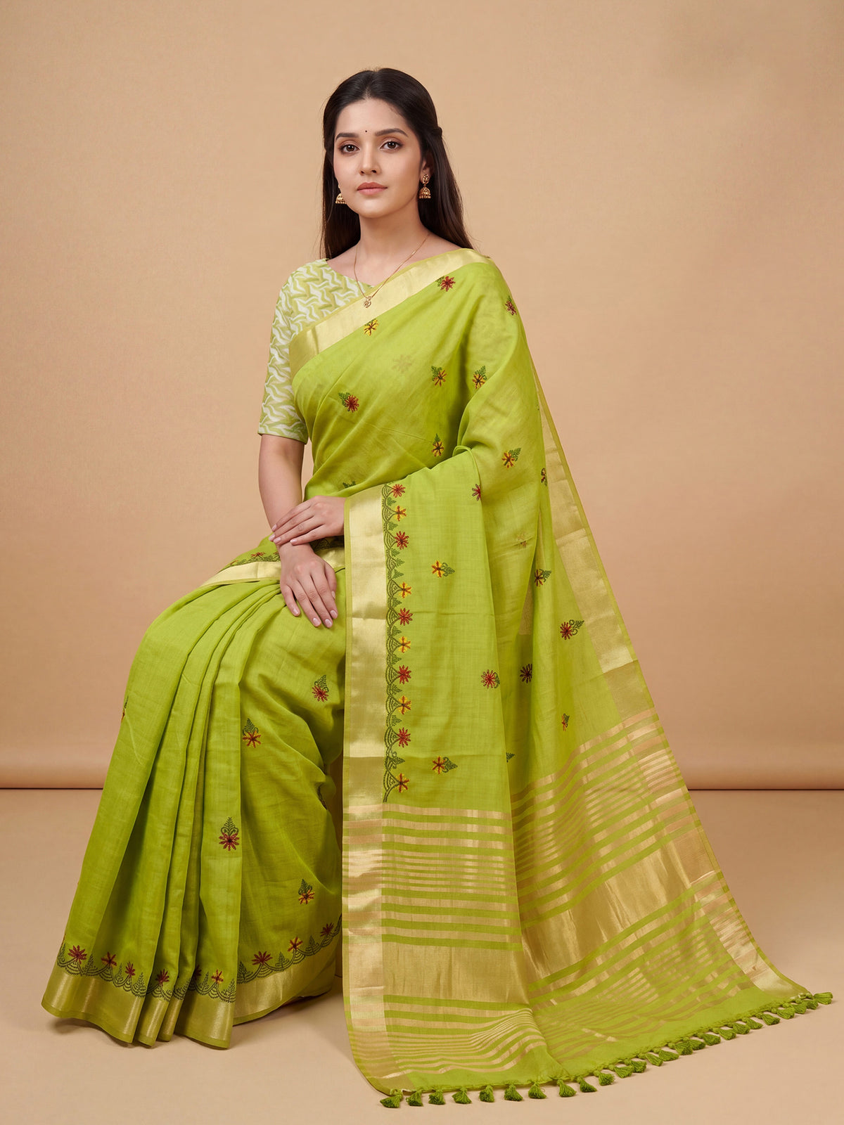Lime Green Cotton Linen saree – detail view 3