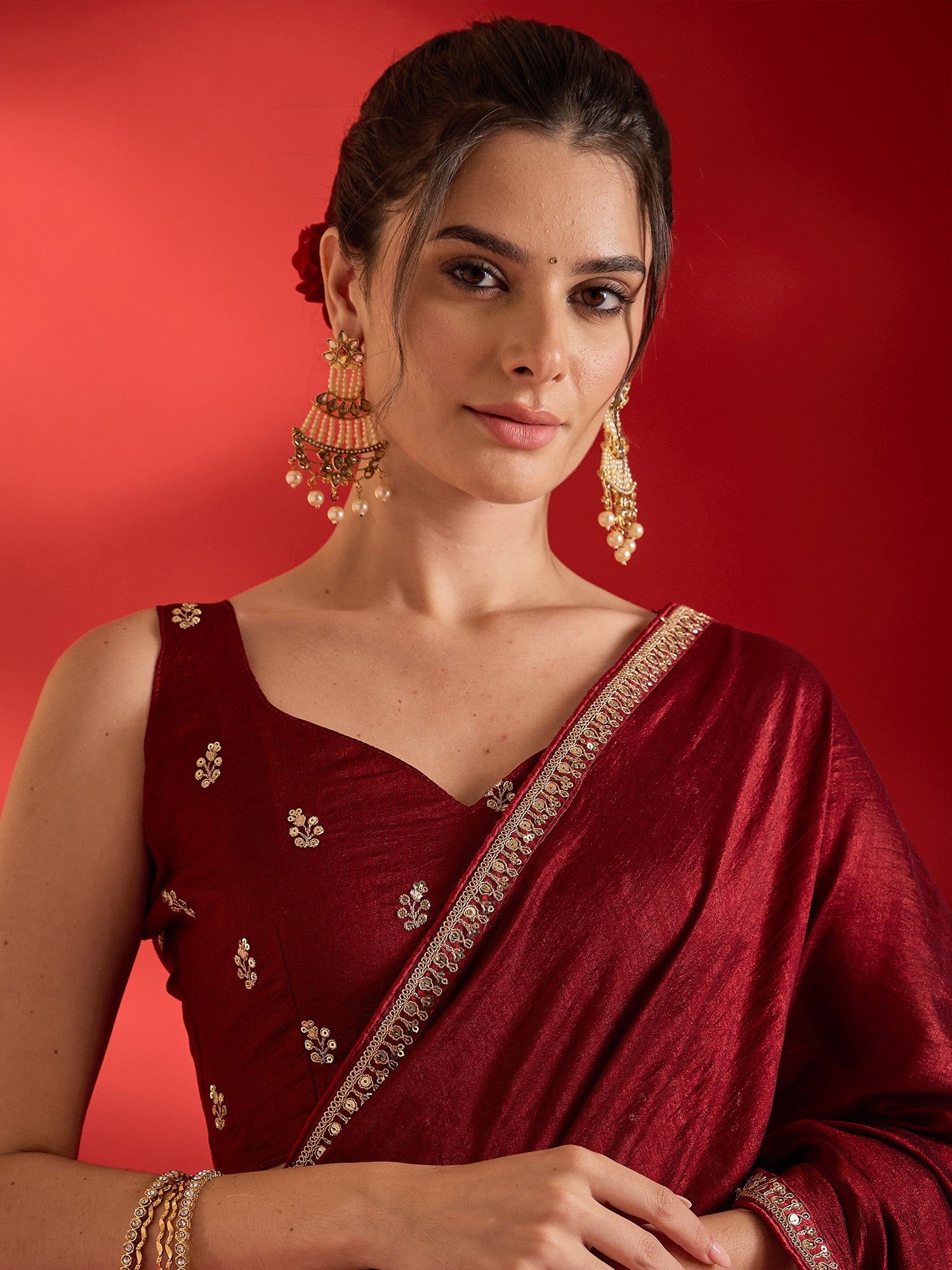 Maroon Vichitra Silk saree – detail view 3