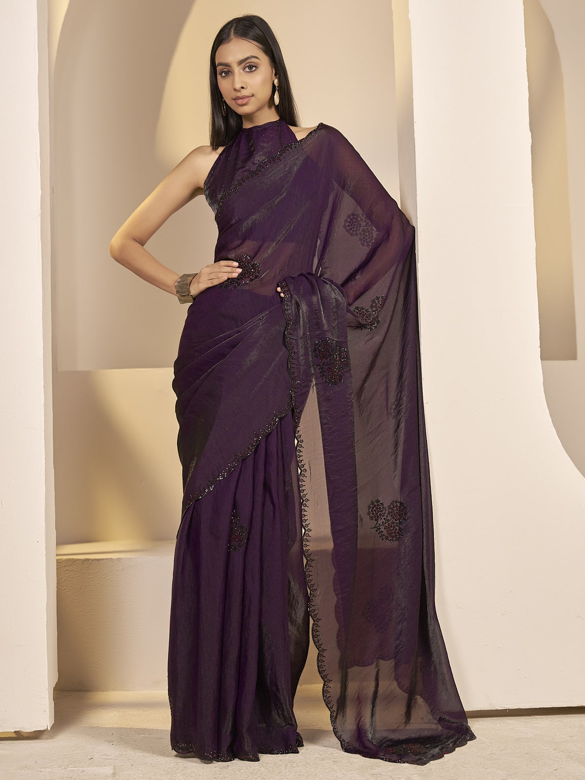 Wine satin silk saree view 2