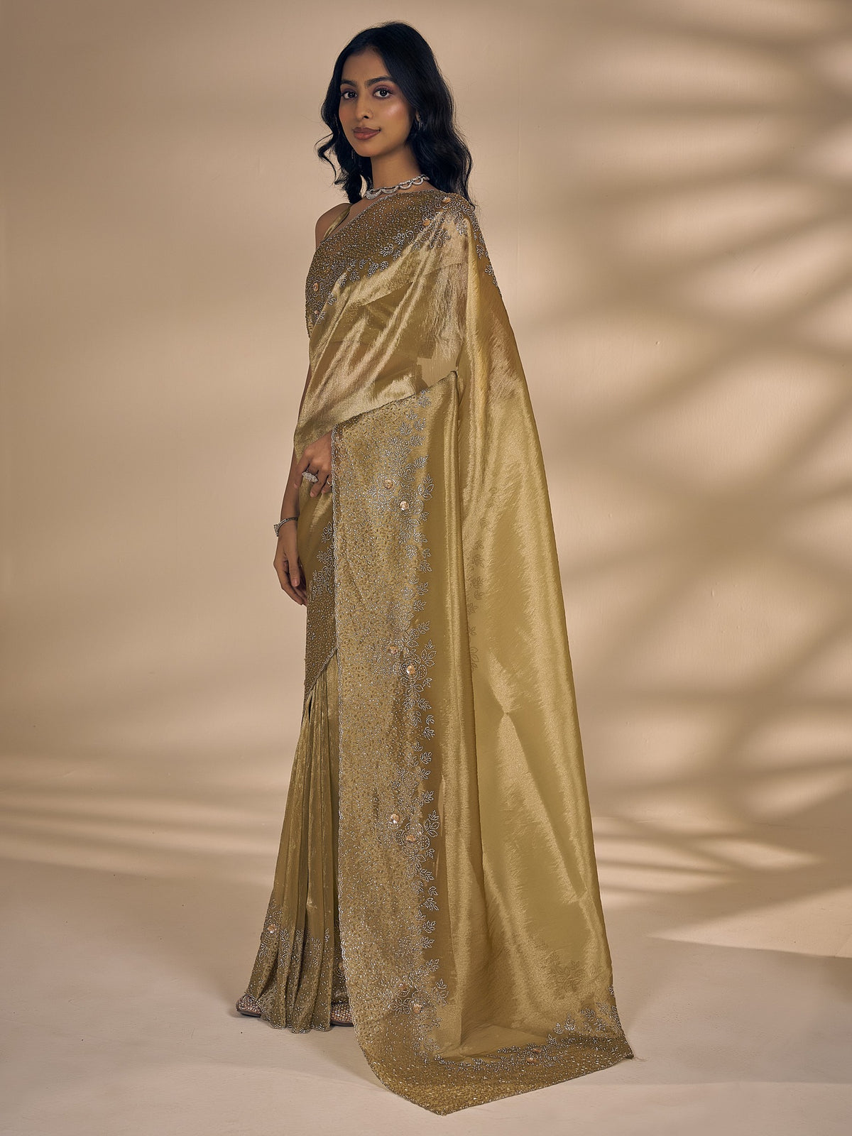 Olive organza saree view 1