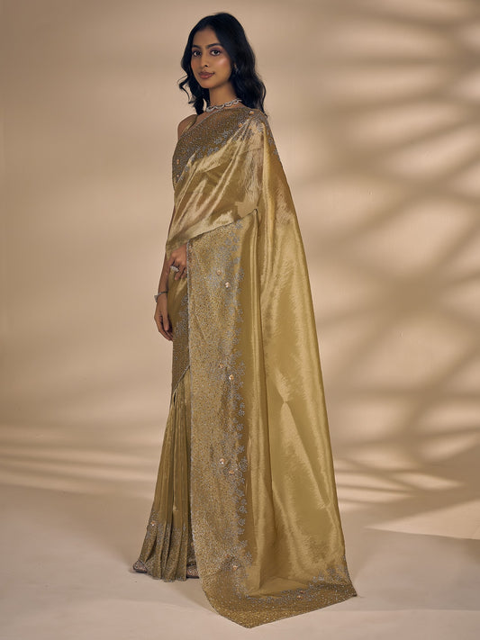 Olive organza saree view 1