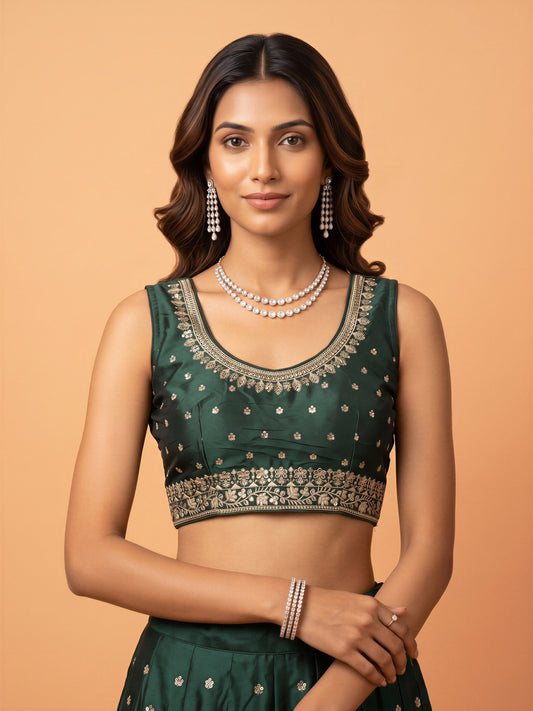 Green sequin embellished silk blend sleeveless readymade saree blouse with round neck