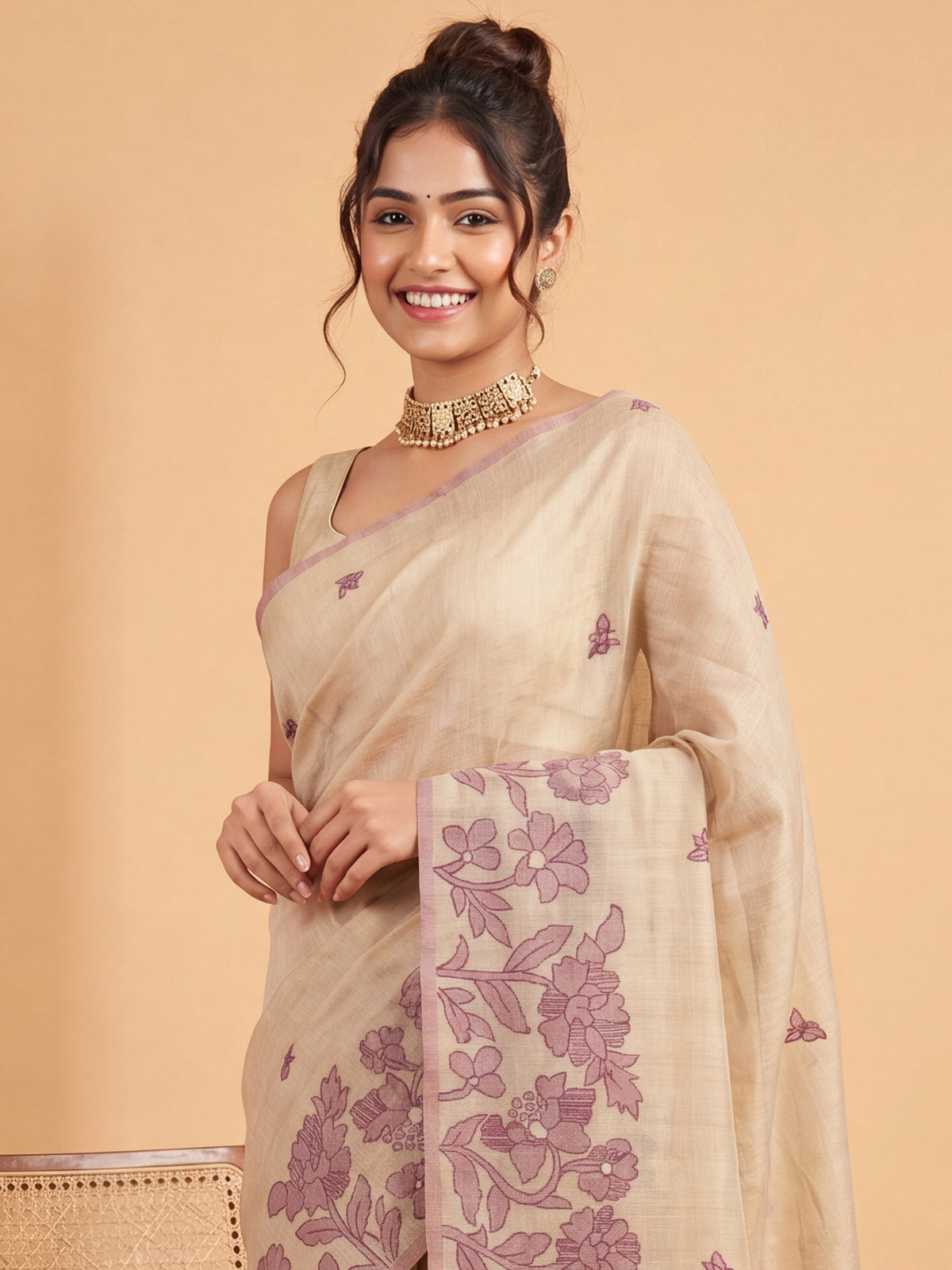 Cream Chanderi Cotton saree – detail view 4