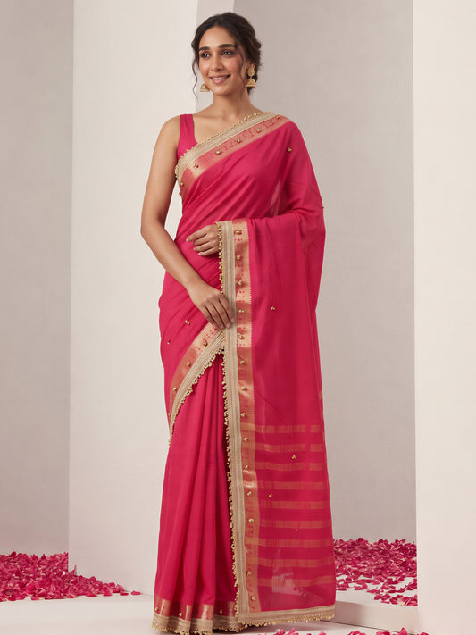 Pink woven design soft silk saree with pink blouse piece