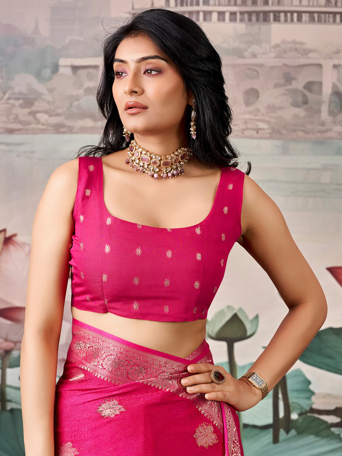 Unstitched pink georgette blouse piece with zari butta design