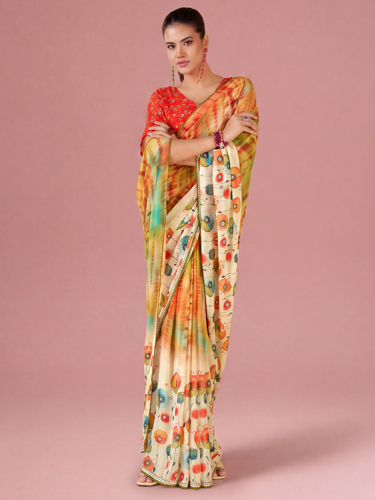 Mustard Georgette saree – detail view 1