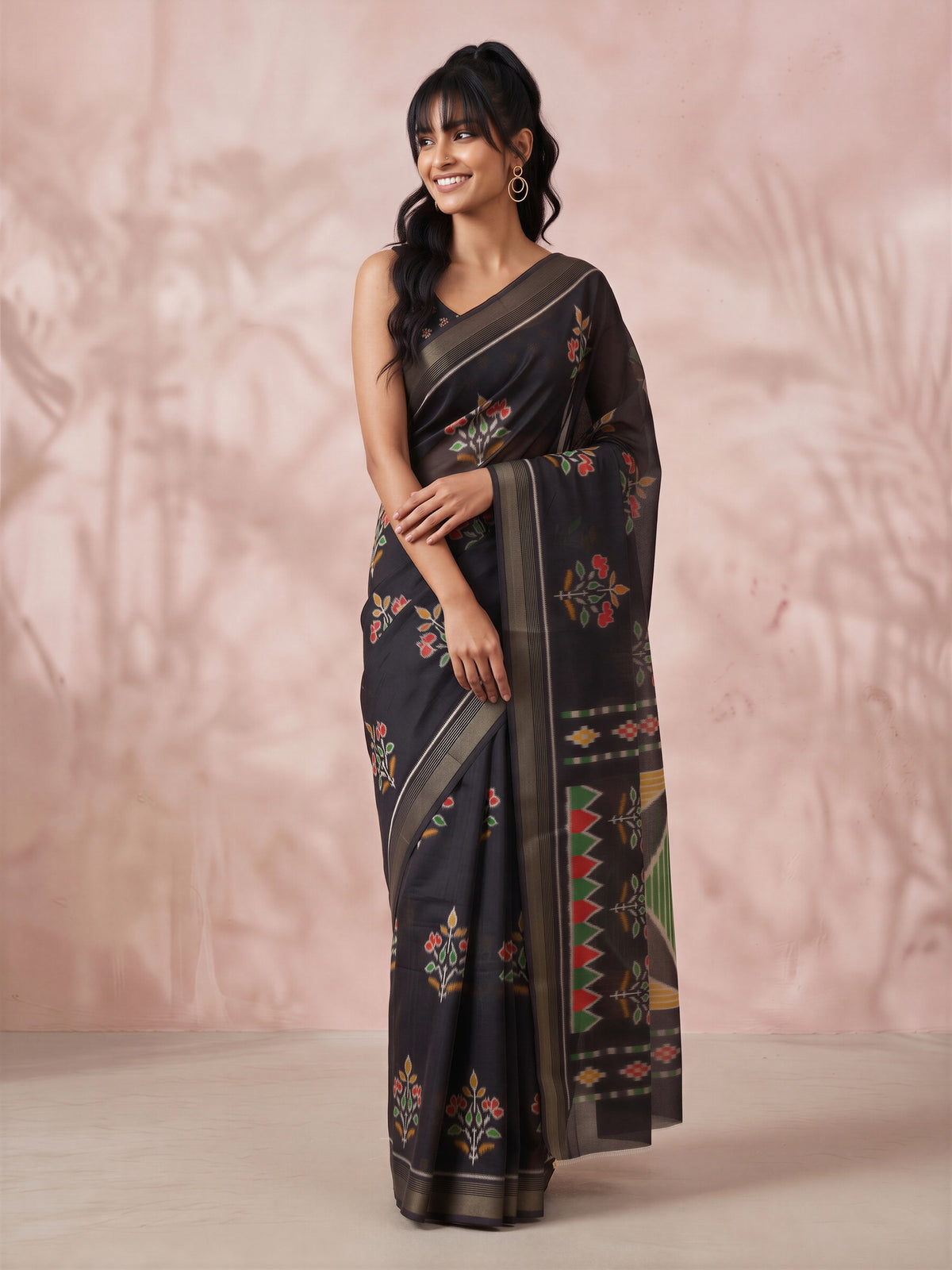 Black Cotton Linen saree – detail view 3