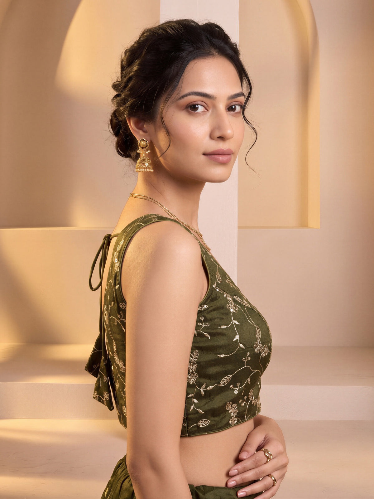 Olive sequin embroidered vichitra silk sleeveless readymade saree blouse with v neck view 2