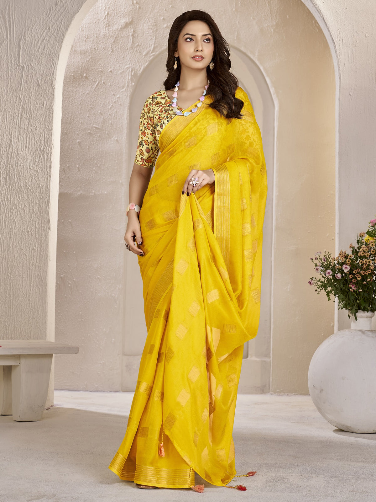 Yellow georgette saree view 3