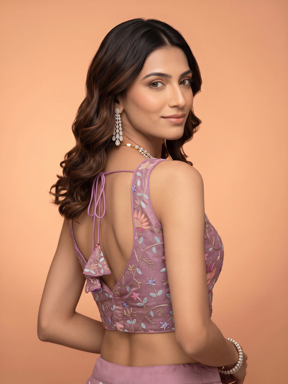 Mauve sequin embellished satin sleeveless readymade saree blouse with deep v neck view 1