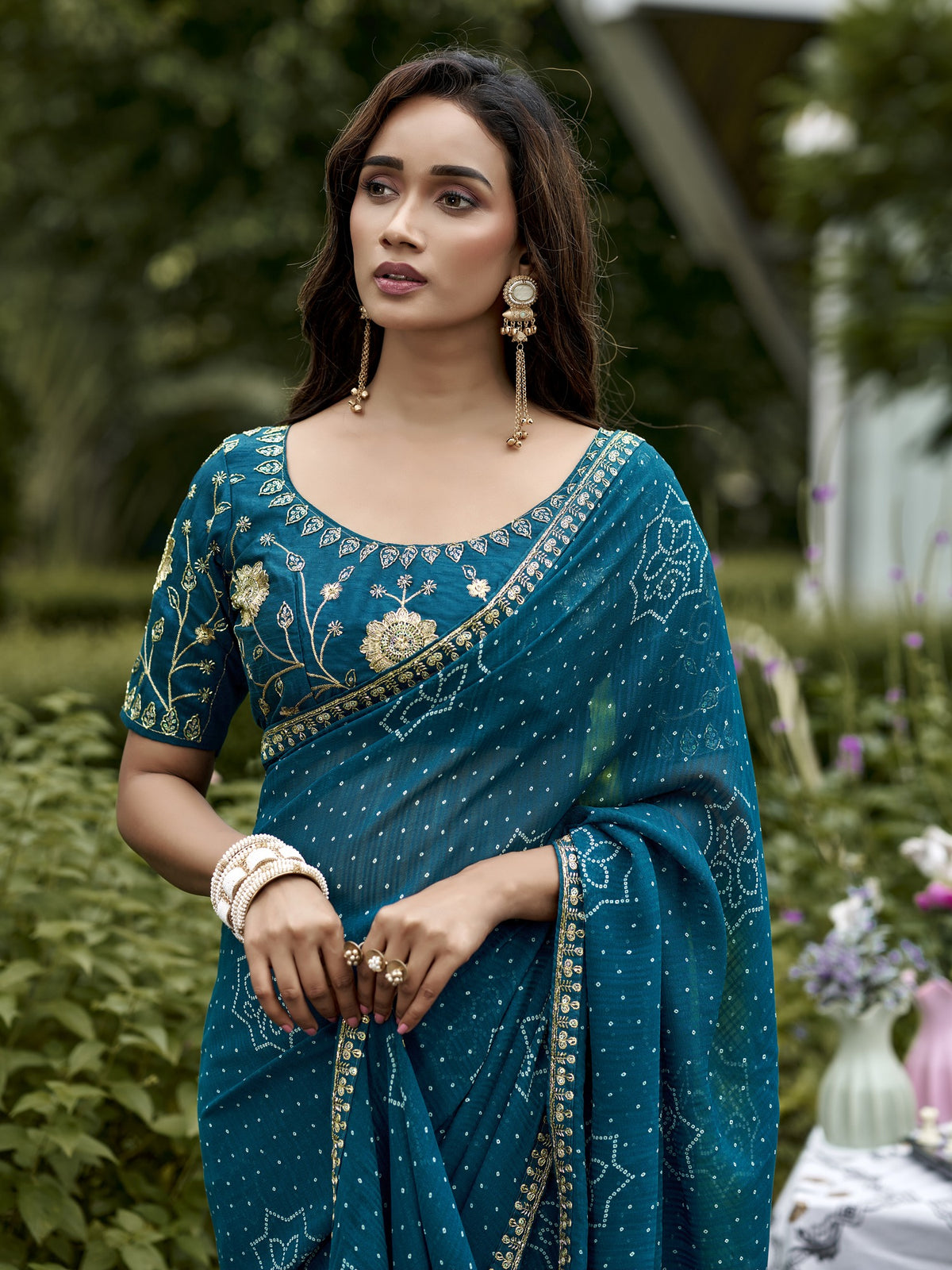 Teal Blue georgette saree view 4
