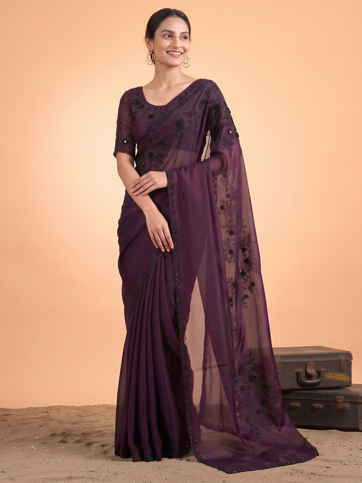 Wine Satin Silk saree – detail view 3