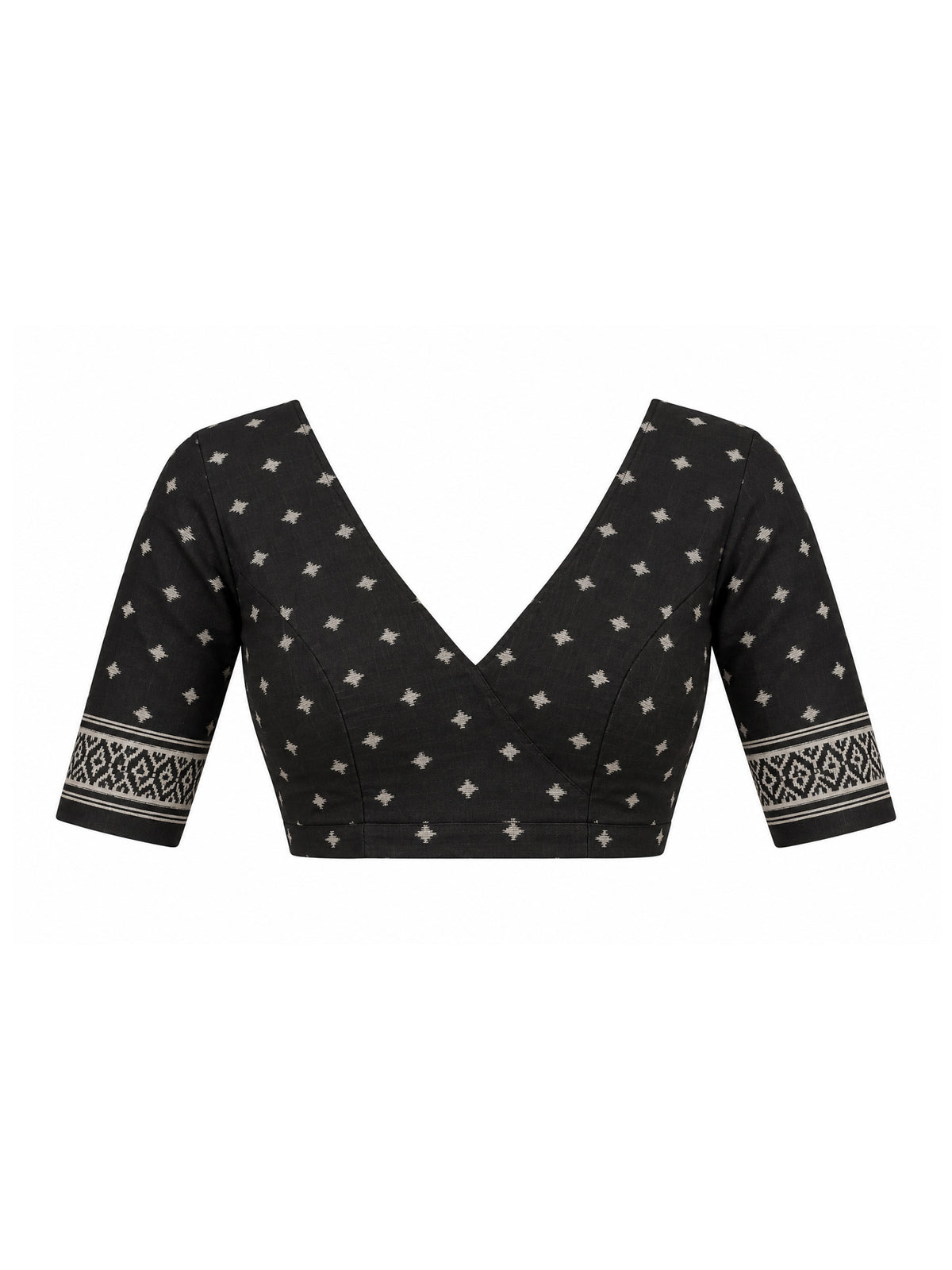Unstitched black silk blend blouse piece with geometric design