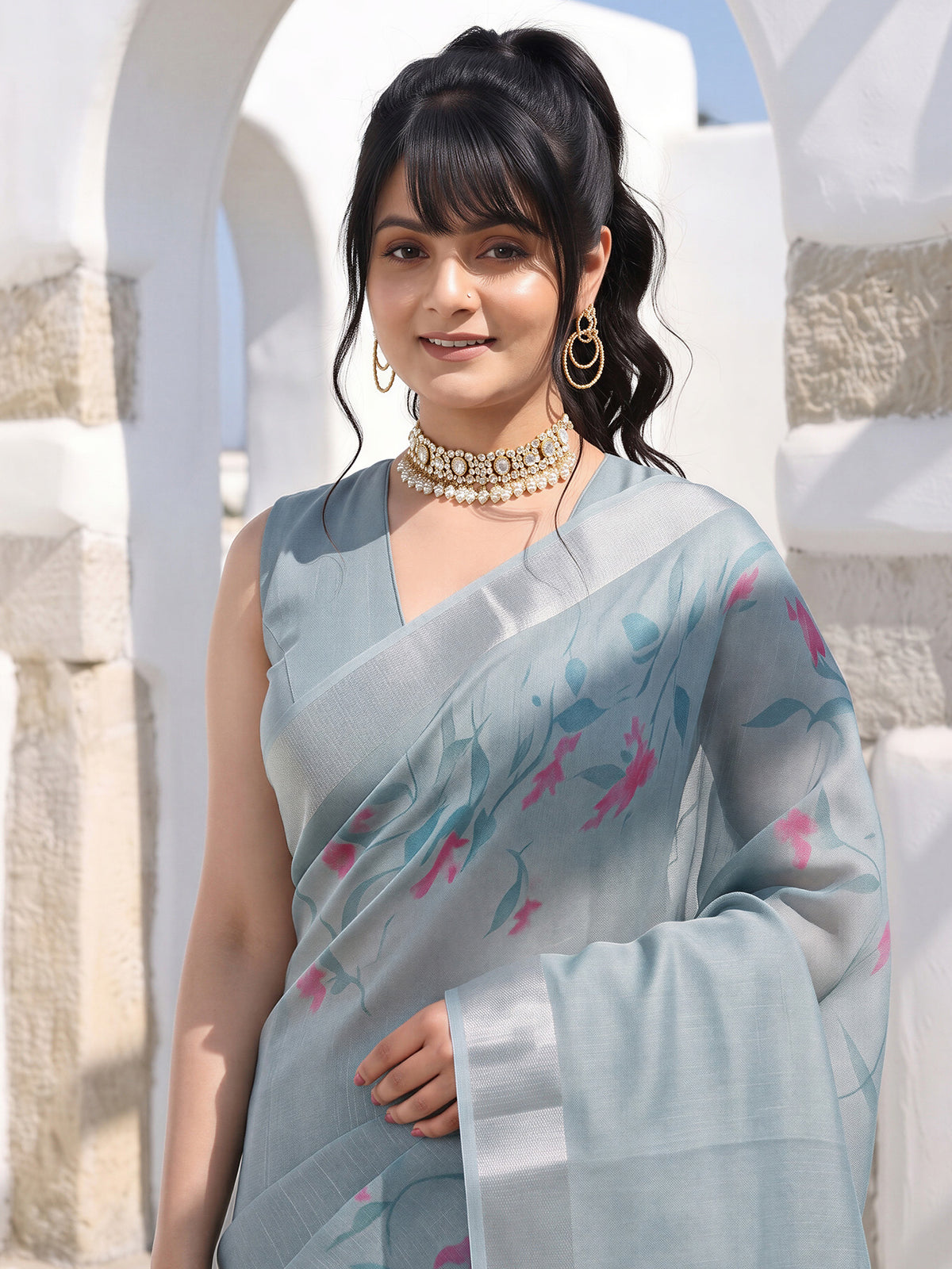 Teal Blue Cotton Silk saree – detail view 4