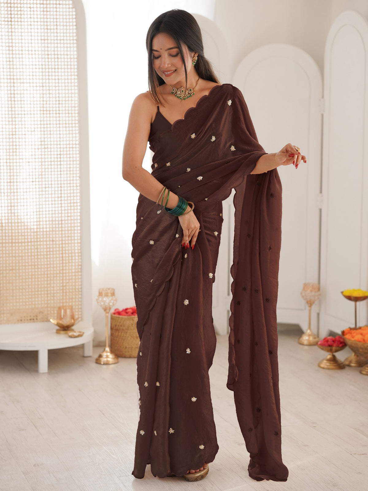 Brown embellished satin saree with brown blouse piece