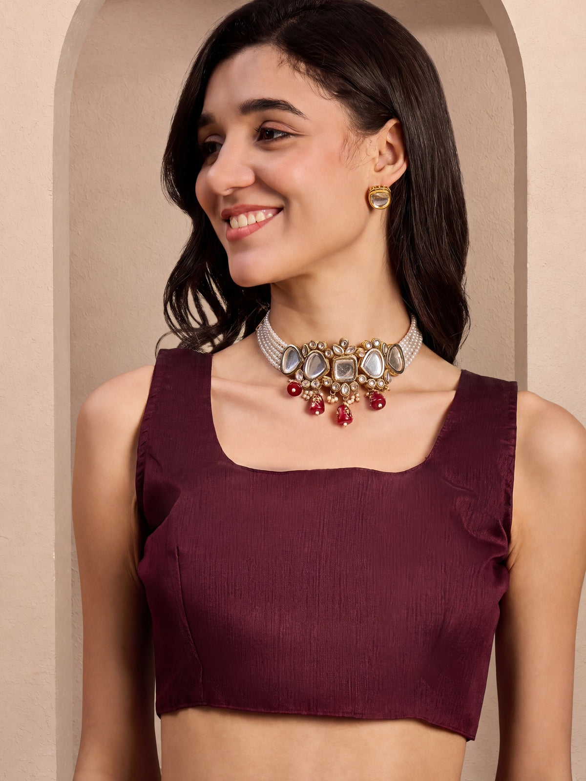 Unstitched burgundy silk blend blouse piece with solid design