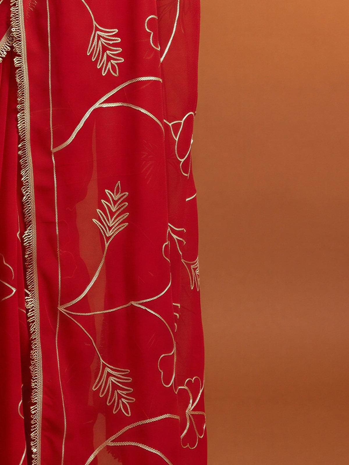 Pallu detail of red georgette saree showing embroidered motif work and embellished border