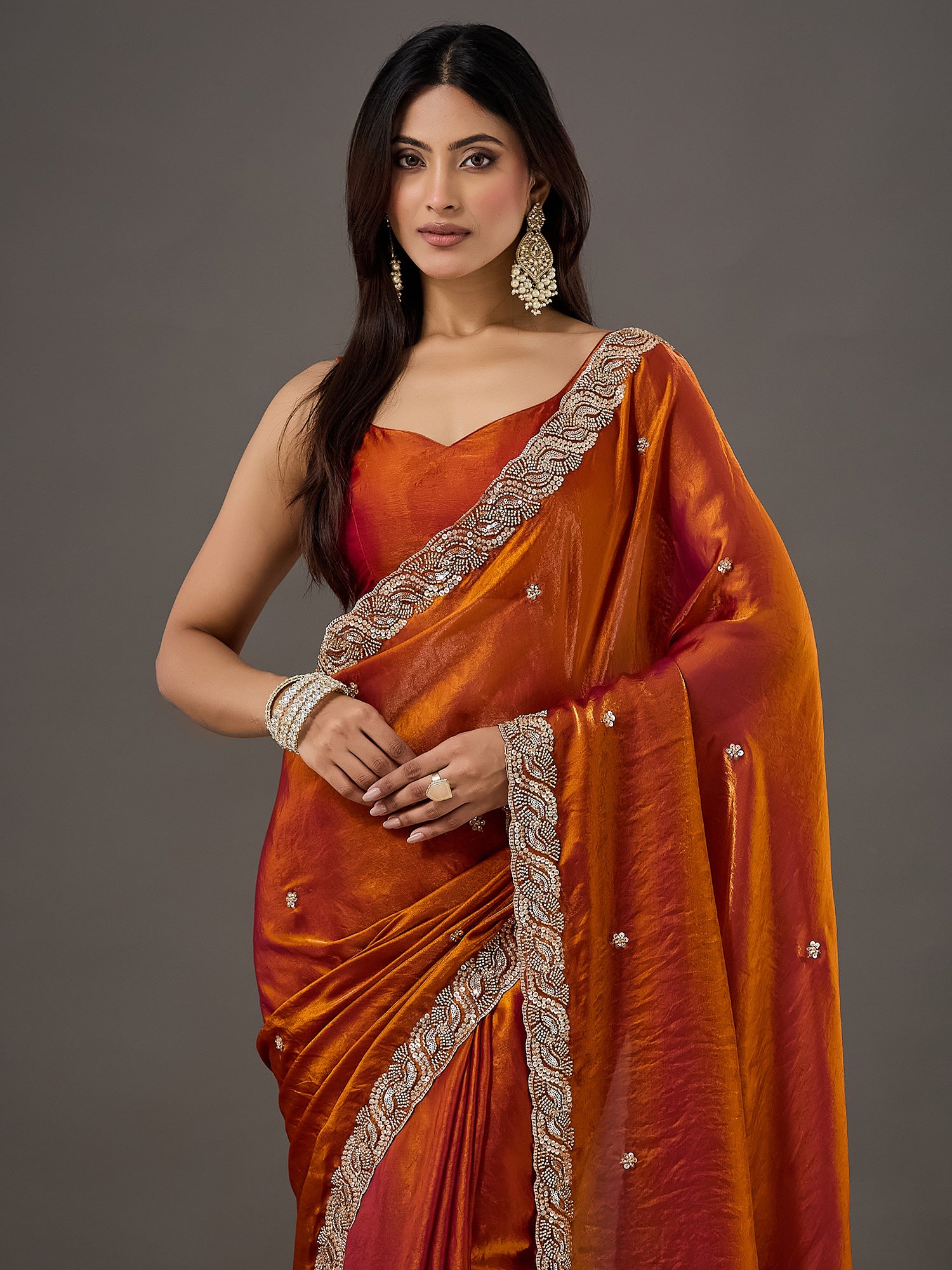 Orange Satin saree – detail view 3