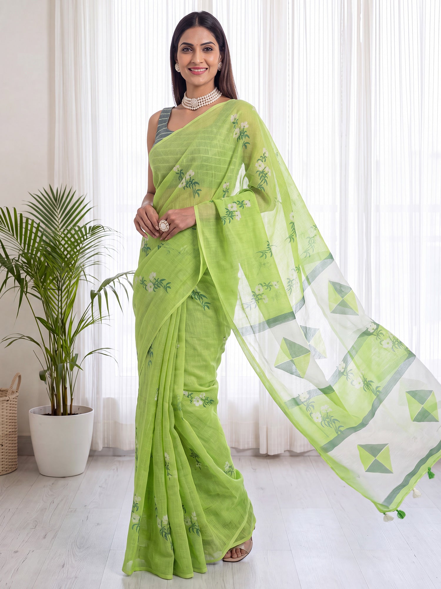 Lime Green Cotton Linen saree – detail view 3