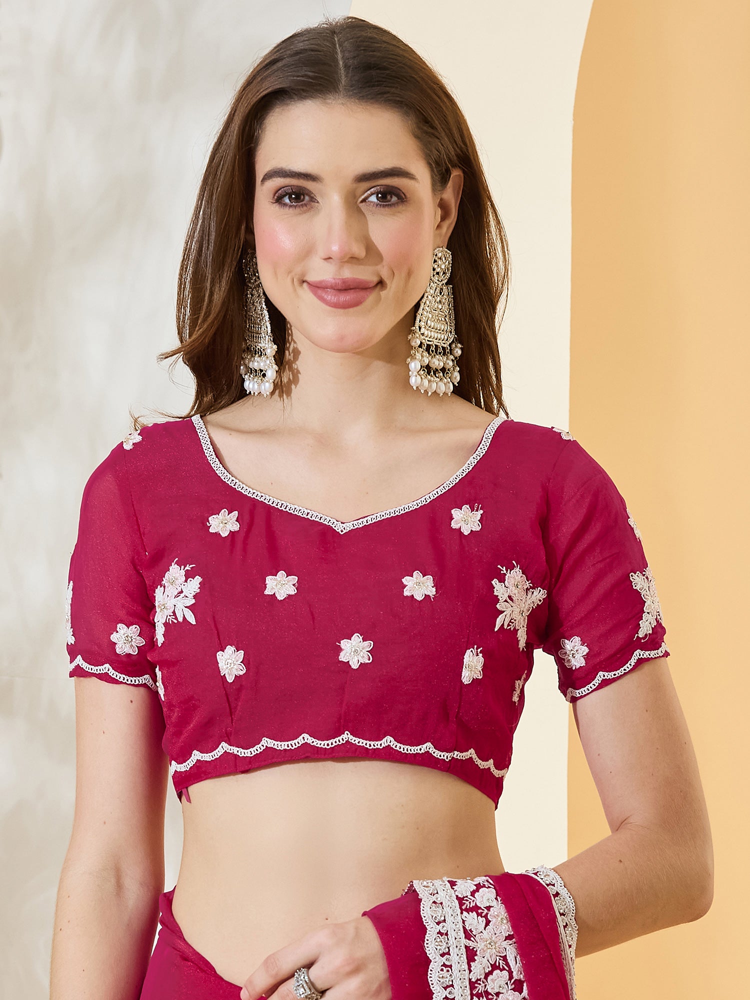 Unstitched pink georgette blouse piece with embroidered design