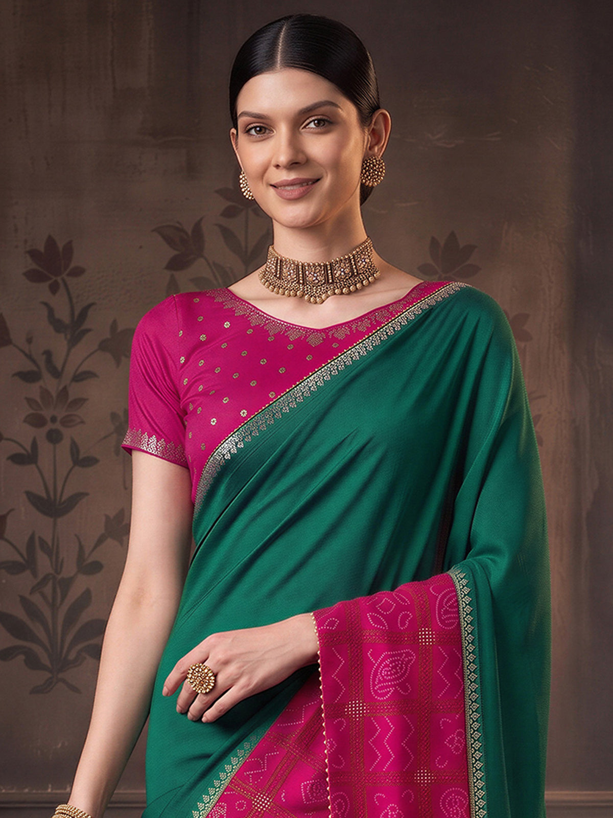Teal Green Vichitra Silk saree – detail view 4