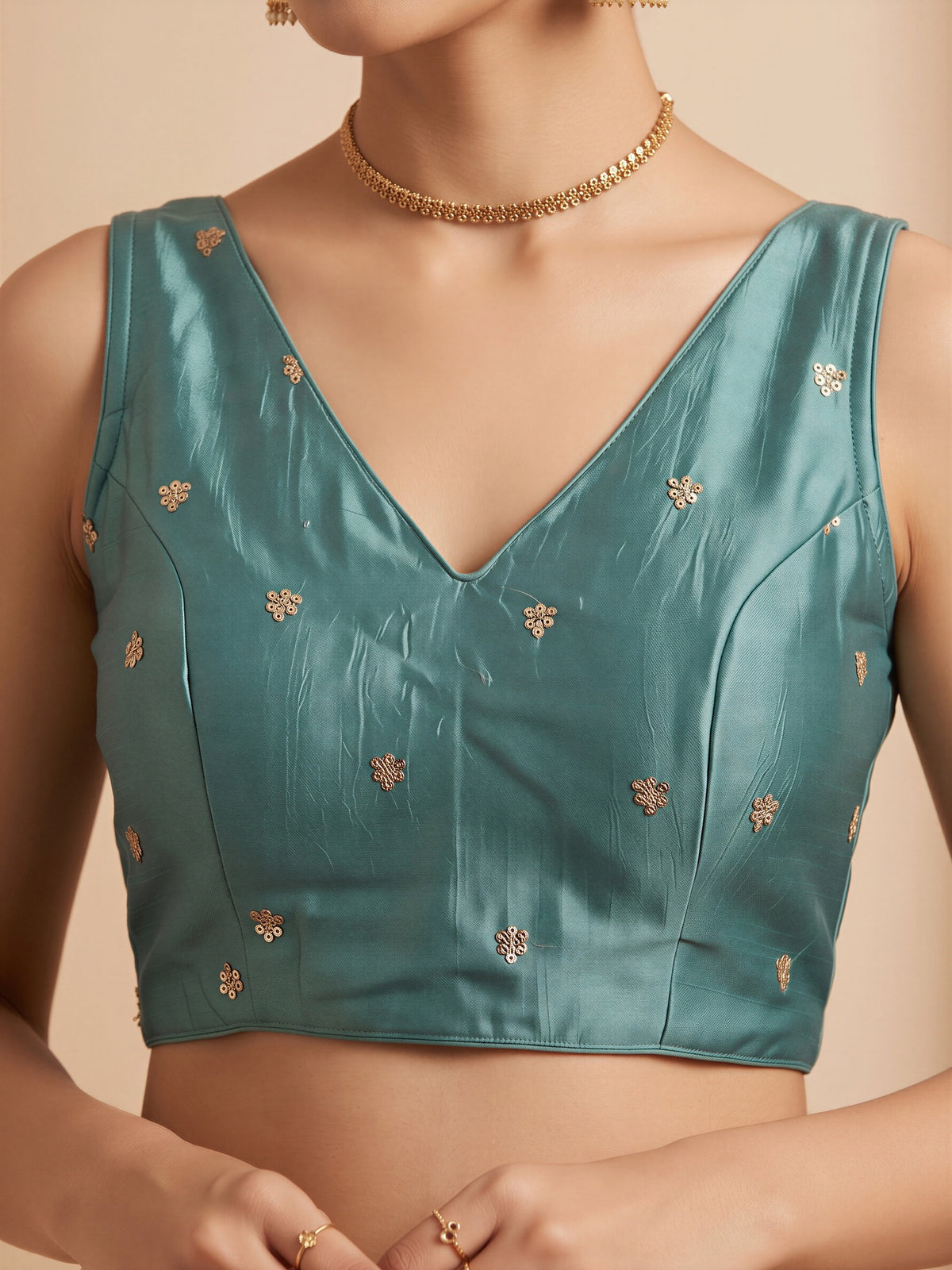 Turquoise Blue sequin embellished vichitra silk sleeveless readymade saree blouse with v neck view 4