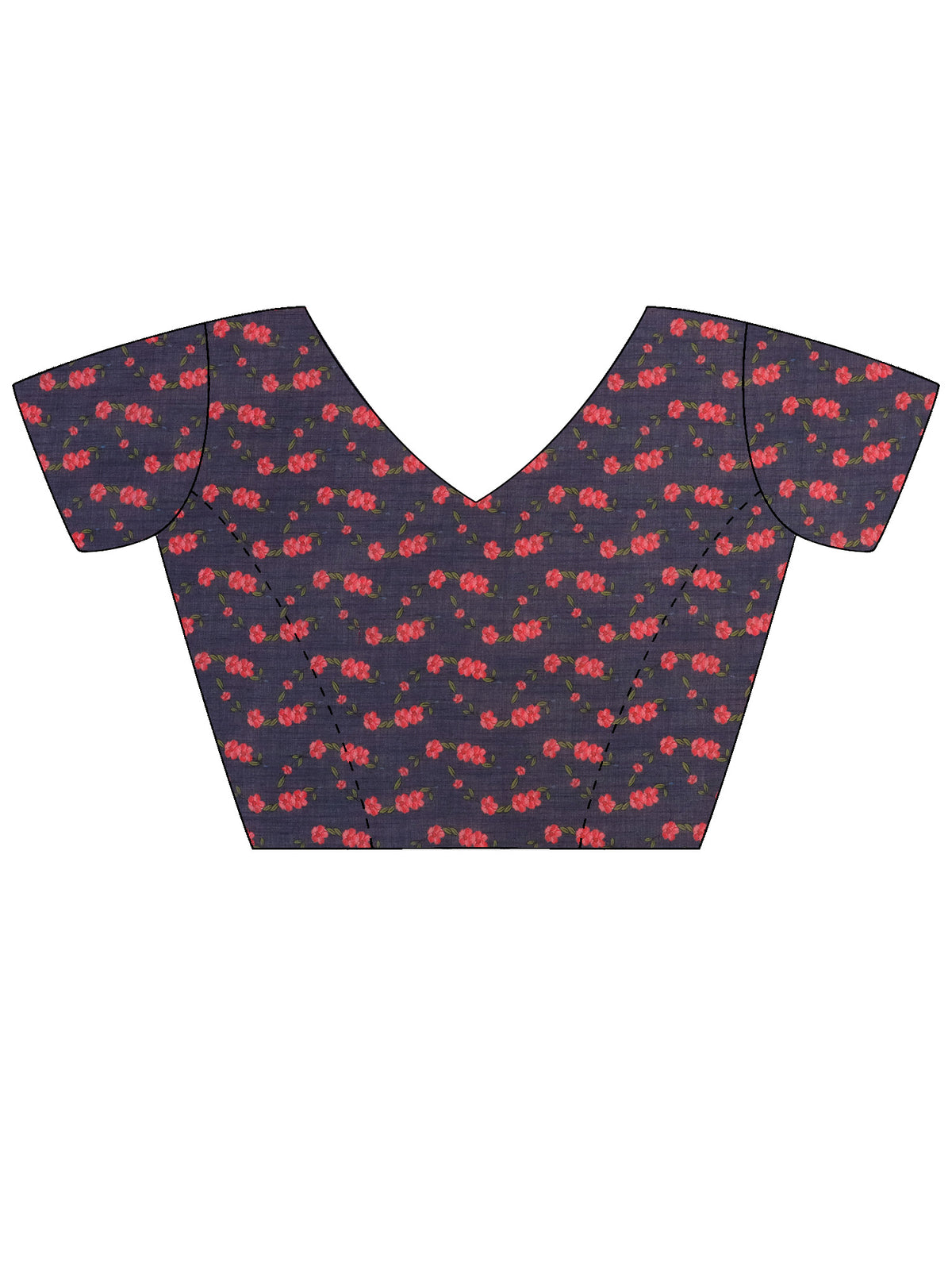 Unstitched navy blue linen blend blouse piece with botanical design