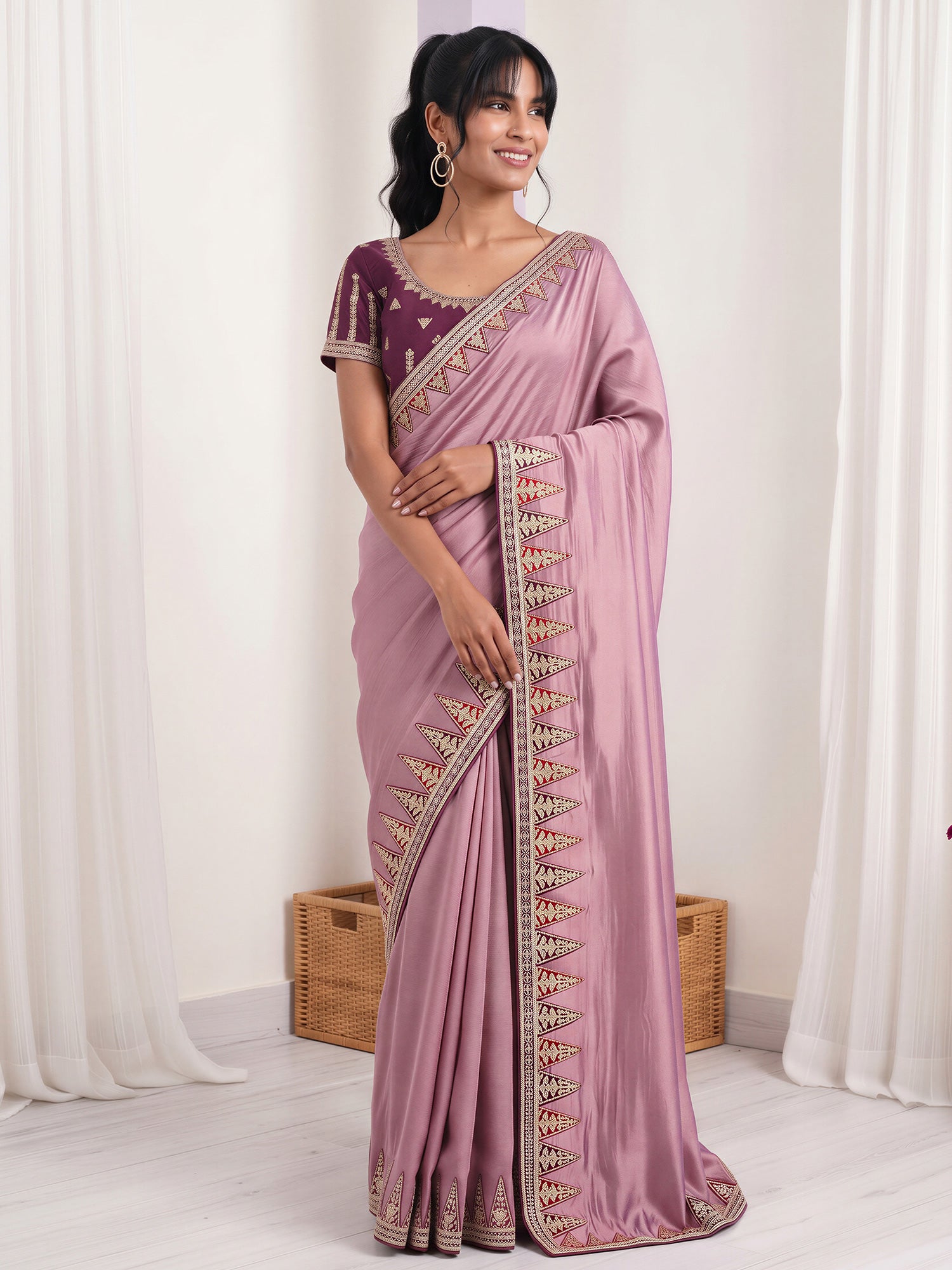 Lavender Vichitra Silk saree – detail view 3