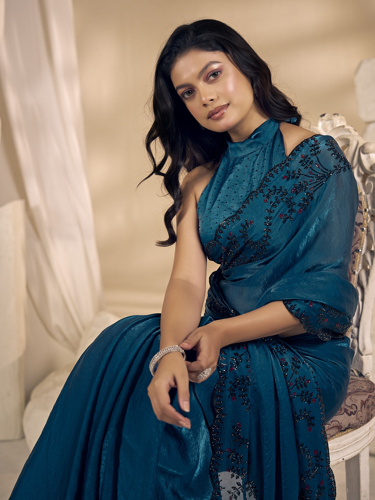 Teal Blue satin silk saree view 4