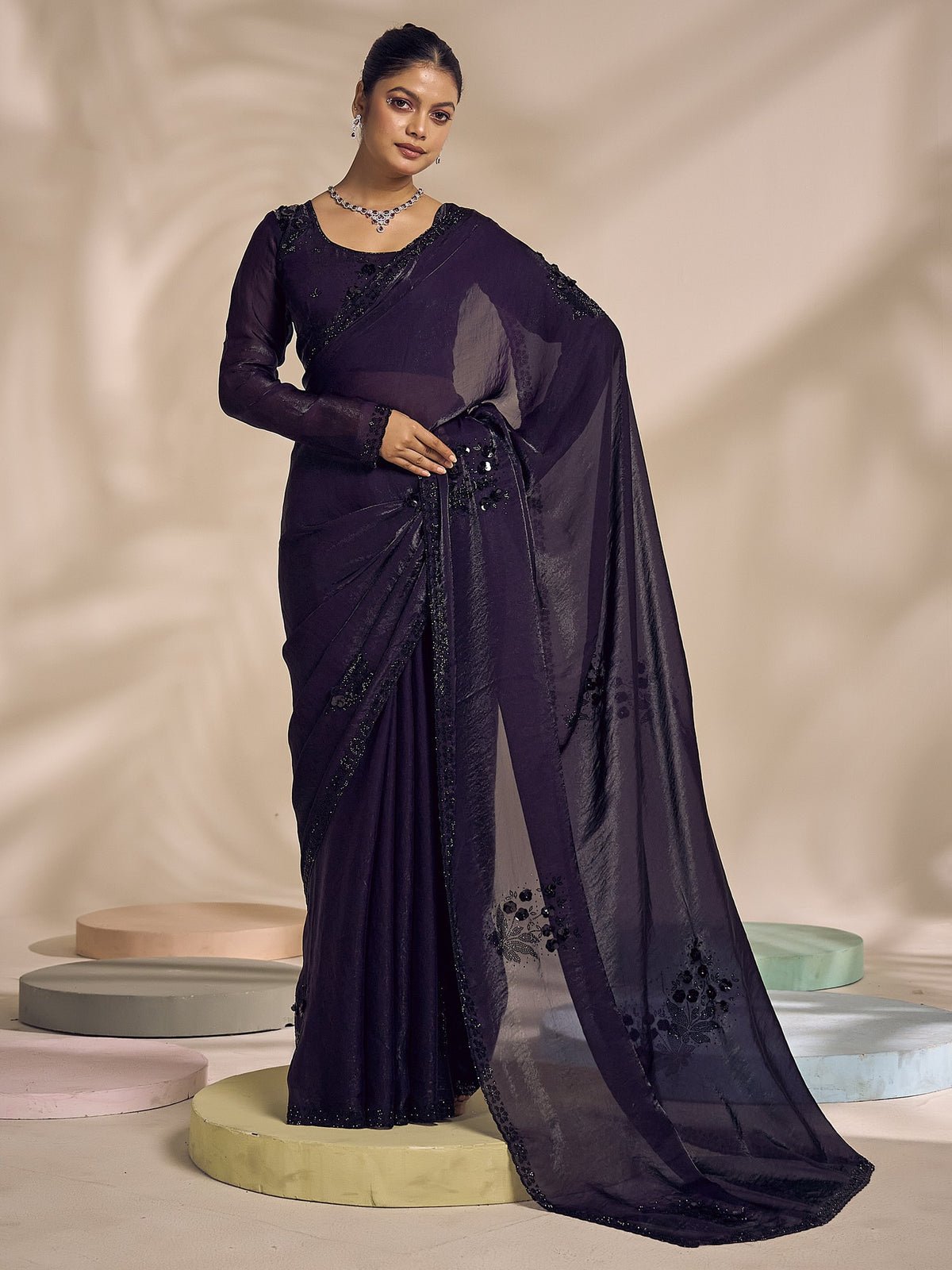 Purple embellished satin silk saree with purple blouse piece