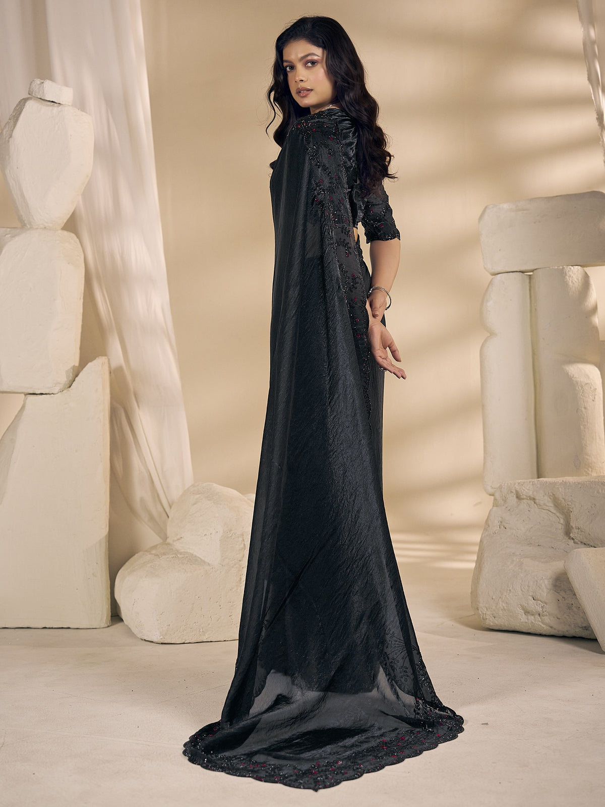 Black satin silk saree view 1